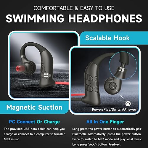Miniatura 5 de S36 HiFi - Auriculares impermeables para natación, IPX8 TOP 32 GB, auriculares de natación con Bluetooth y reproducción de MP3, cancelación de ruido