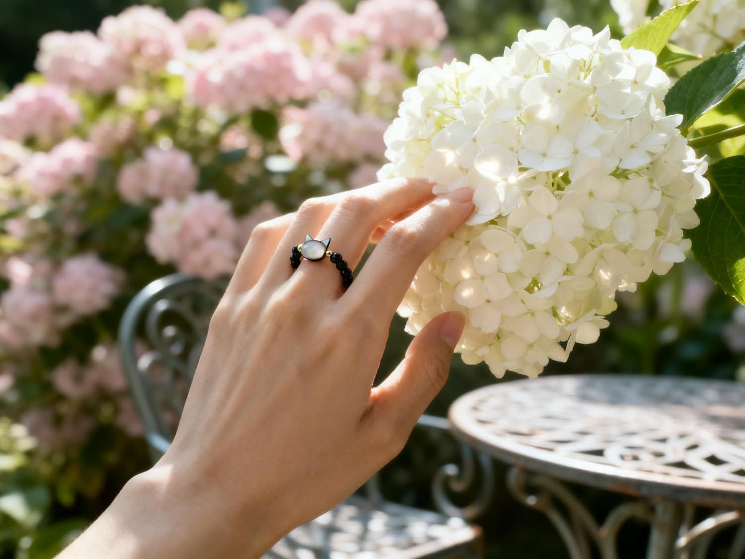 Natural Gemstone Agate Cat Matching Rings for Couples - Gemstone Rings for Women - Natural Stone Stretch Beaded Ring - Handmade Cat Ring- Mood Jewelry Valentines Gifts,Size 6-8 - Image 3