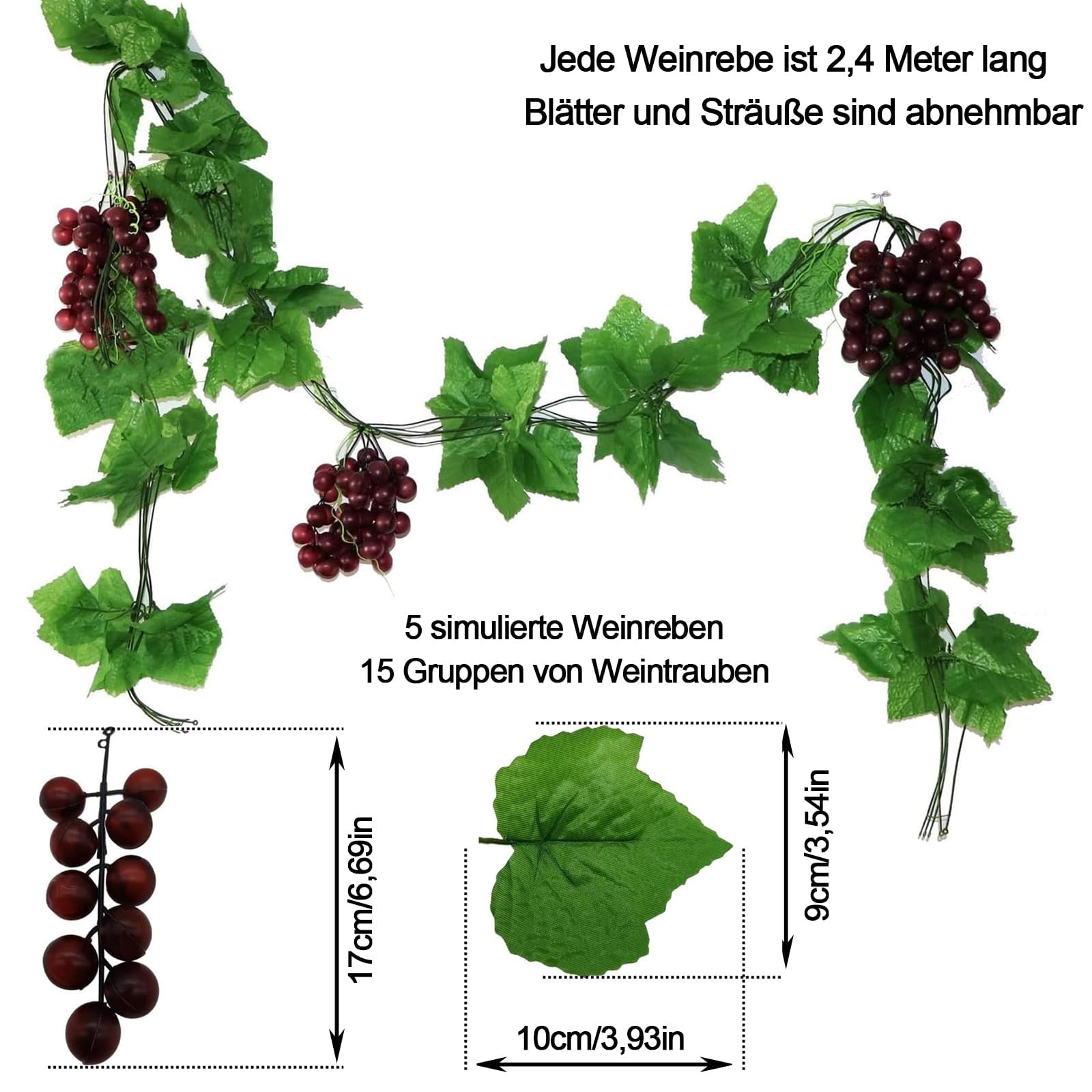 Künstliche Trauben, 5 Künstliche Kunststoff Traube, Künstliche Weinreben mit Trauben, KüNstliche Weintrauben Reben, 15 Sätze Traubenspieße, Fake Vines, Weinblätter Deko, für Heim Garten Dekoration