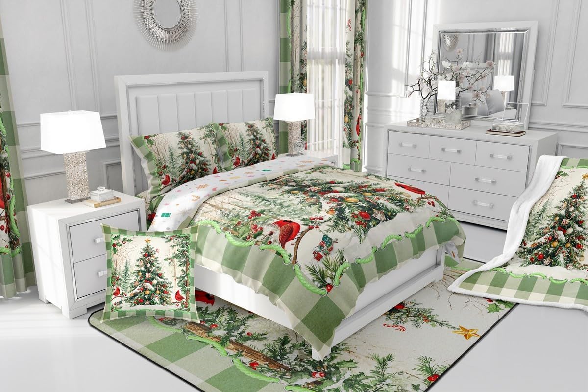 Erosebridal Christmas Holiday Comforter Set Full,Xmas Tree Bedding Comforter Sets Winter Christmas Red Cardinal Bedding Set for Kids Adults,Green Checkered Grids Quilt Duvet Christmas Home Decor