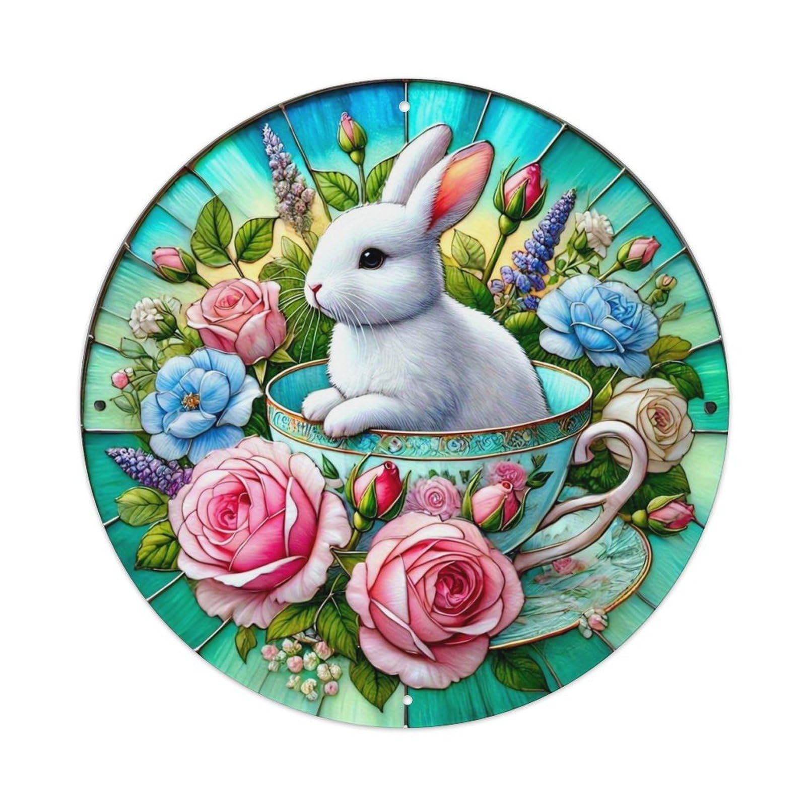 White Rabbit In Teacup Floral Pattern Tin Sign Metal Poster Vintage Metal Signs for Home Man Cave Bar Cafe Kitchen laundry room Wall Decorations 8x8 inches
