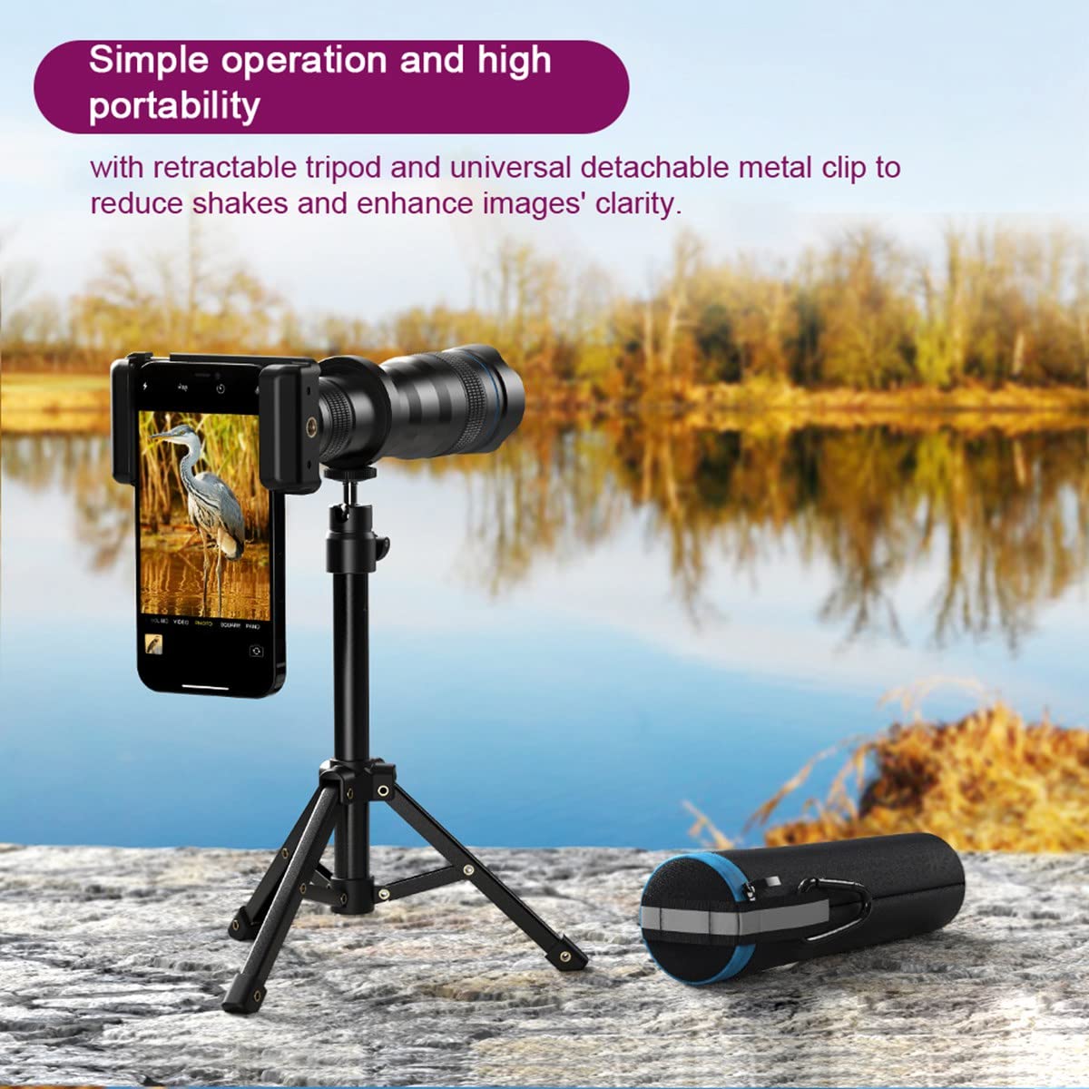Teleobiettivo esterno per fotocamere telefoniche, obiettivo cellulare con ingrandimento ottico 36x, con treppiede e clip per telefono