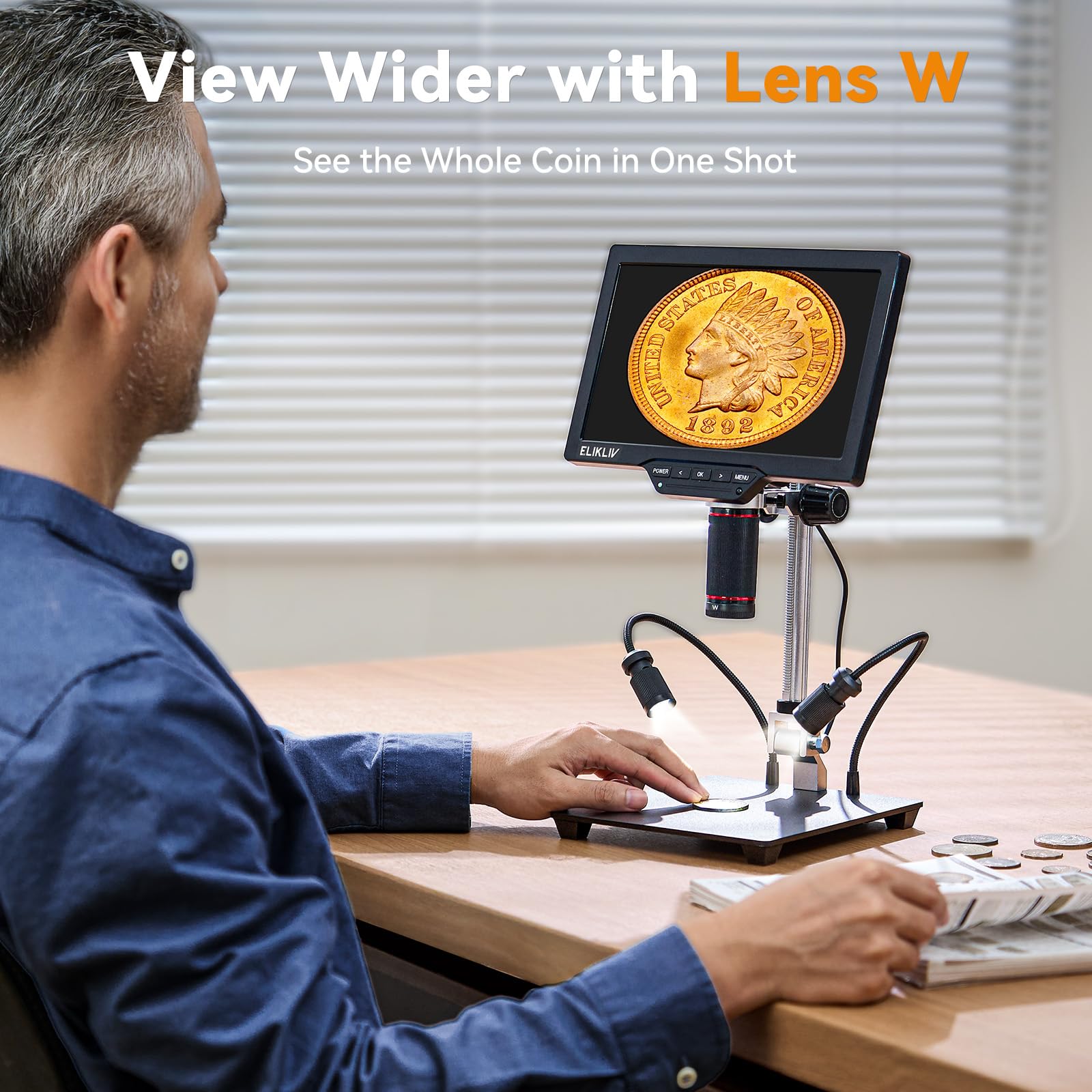 Elikliv 4K Magnetisches 3-Linsen Mikroskop: TL301 Max Münzmikroskop mit 10,1" IPS Display, Digitalmikroskop für Erwachsene, Seitenlichter, 10" Ständer, PC/TV-kompatibel, 64 GB