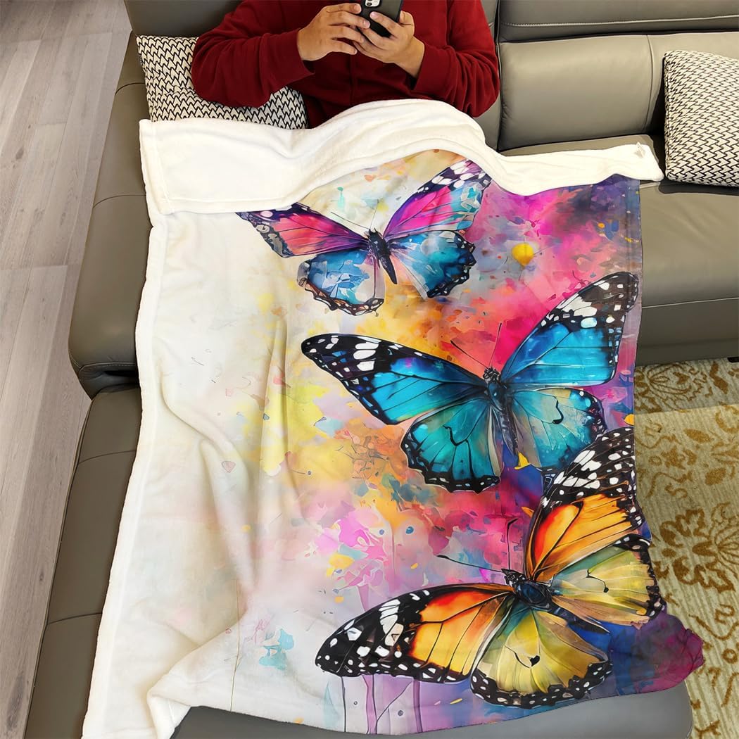 60"x80" Watercolor Butterfly Blanket - Soft Fleece Throw, Vibrant Art for Home Decor