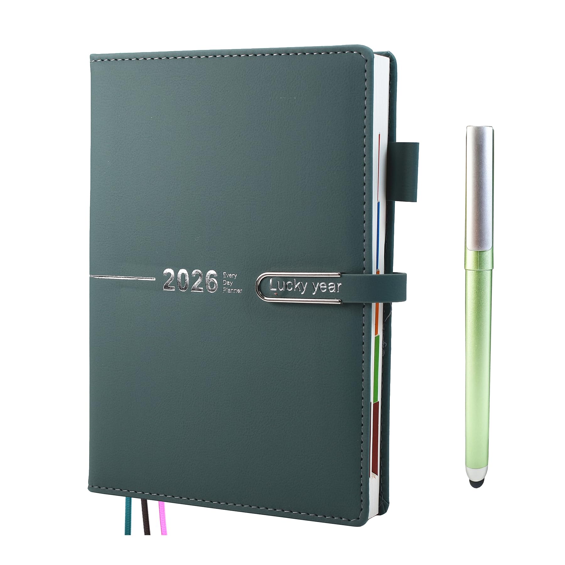 2026 Diary With Pen, 12 Month Diary 2026 A5 Page A Day from Jan 2026 to Dec 2026, Daily Planner With Monthly Tabs and Colorful Side Panels, Pen Loop，Inner Pocket,6.7" × 8.5"(Green)
