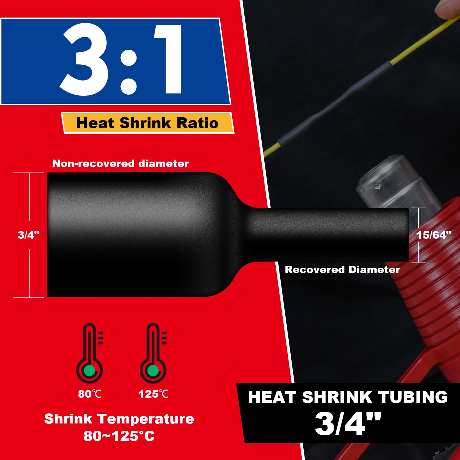 Gaine thermorétractable de 19,1 mm, 19,1 mm de qualité marine, rapport de rétrécissement 3:1, avec doublure adhésive, noir