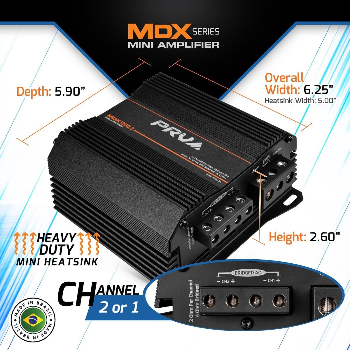 PRV Audio MDX1200.2 2 Ohm Mini 2 Channel Car Audio Amplifier 2X 600 Watts RMS at 2 Ohm - Bridged 1CH 1200 Watt at 4 Ohm for Powersports, Motorcycles, ATV, for High Power Stereo Speaker Systems - Image 3
