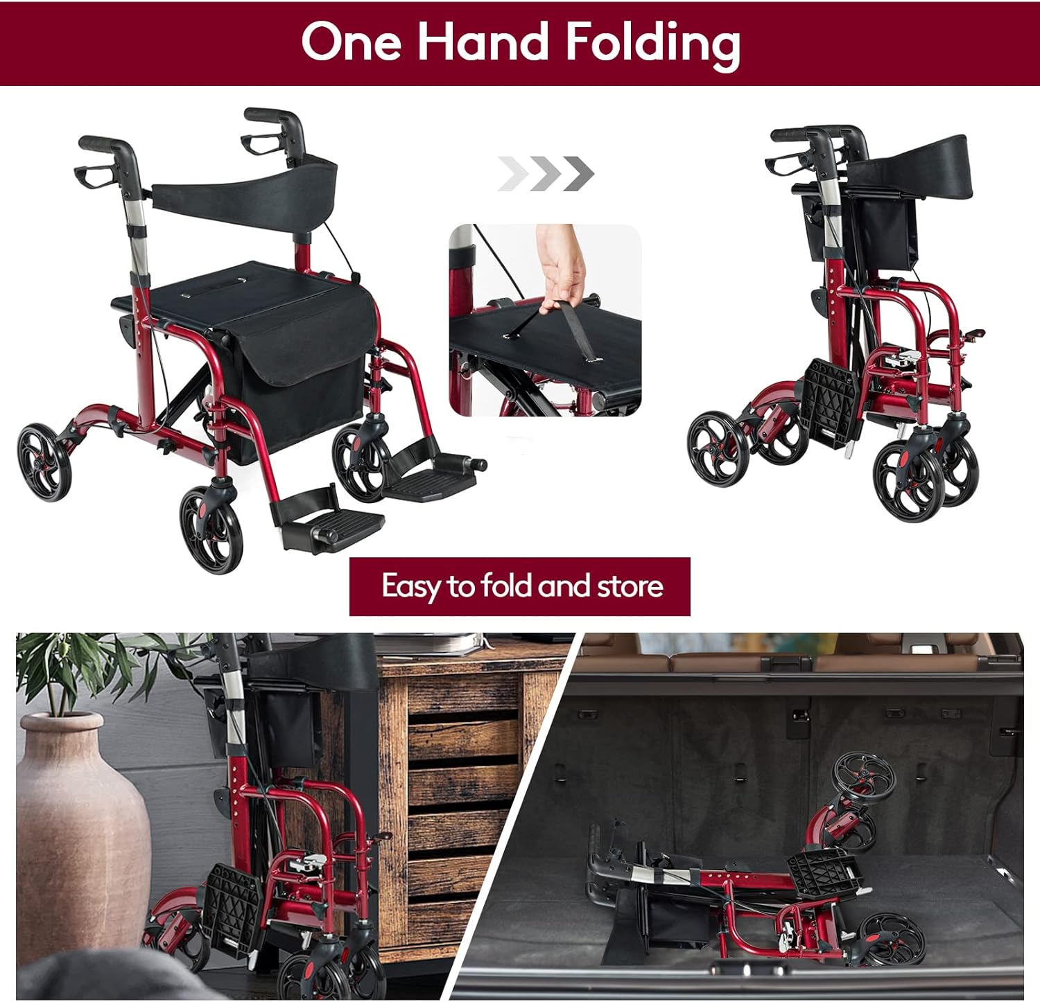 Sequence of images showing the one-hand folding process of the rollator walker, from open to folded.