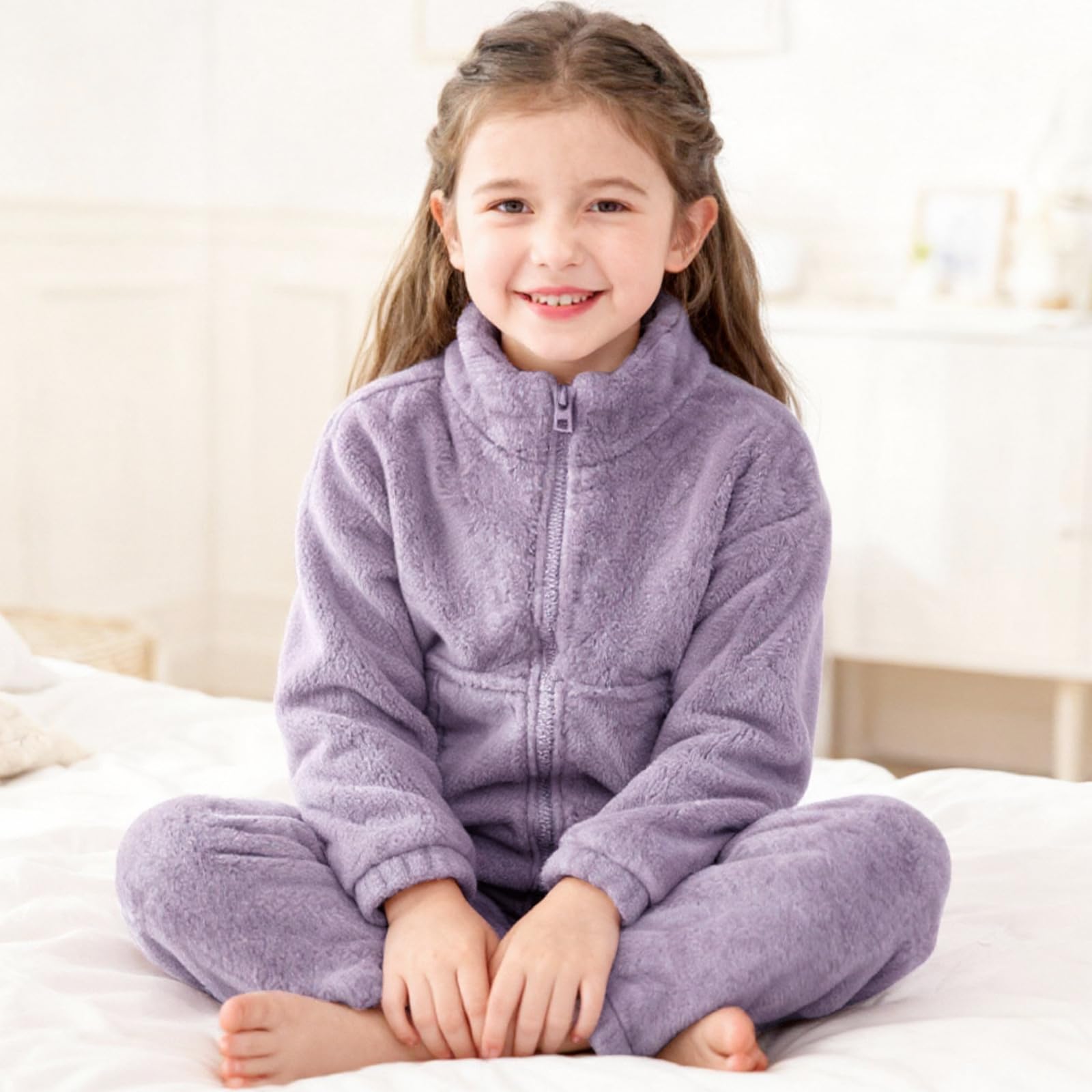 Valcatch Filles Garçons Flanelle Pyjama Ensembles 2 Pièces Enfants Automne Hiver Pantalon Flou Ensemble Doux Chaud en Peluche Pjs Vêtements D’intérieur Polaire Pyjama Tenues Zip Up Col Montant