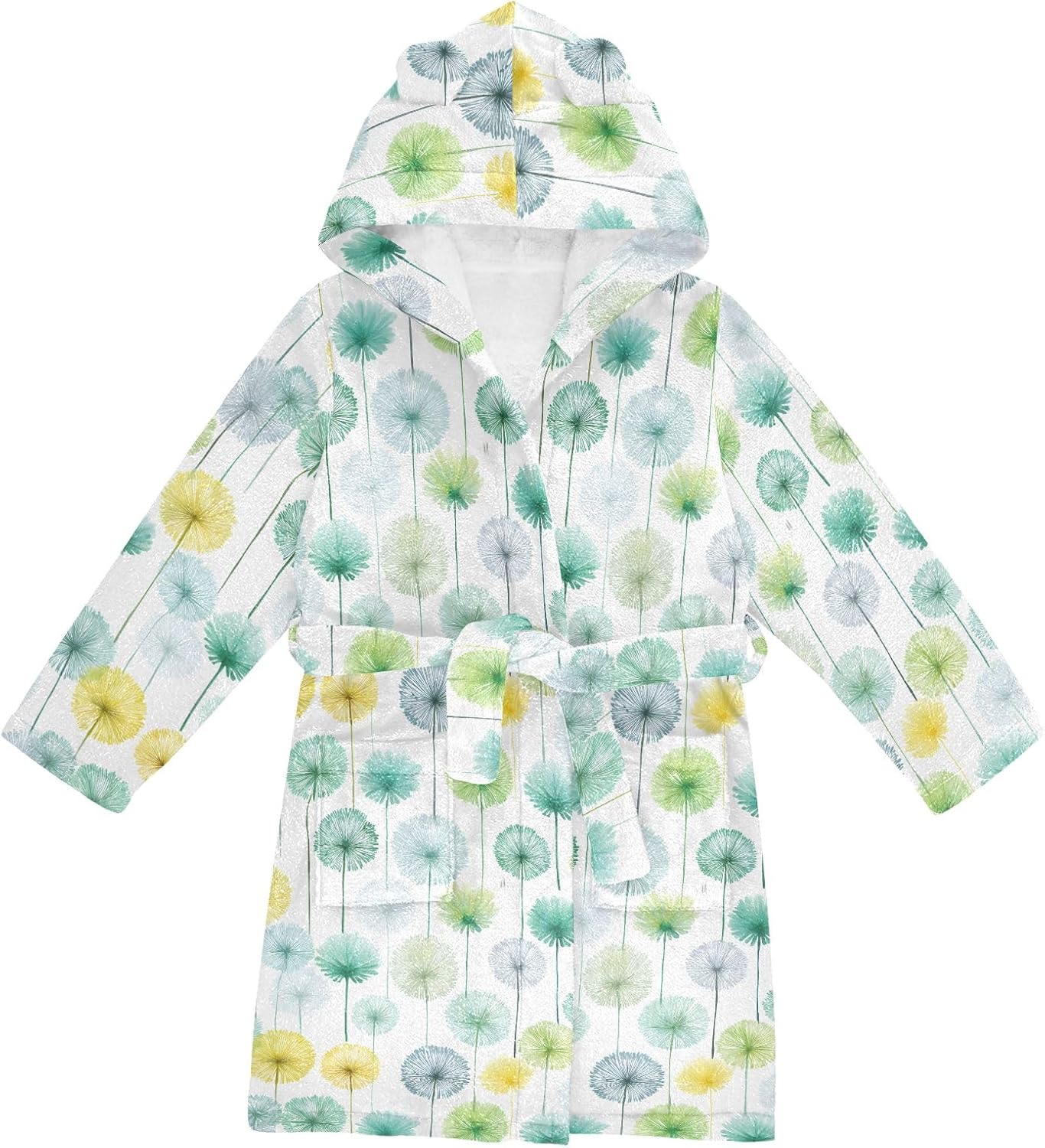 Watercolor Green Dandelion Pattern Toddler Hooded Bathrobe for Boys Girls Soft Plush Bath Towel Robe 2-12 Years