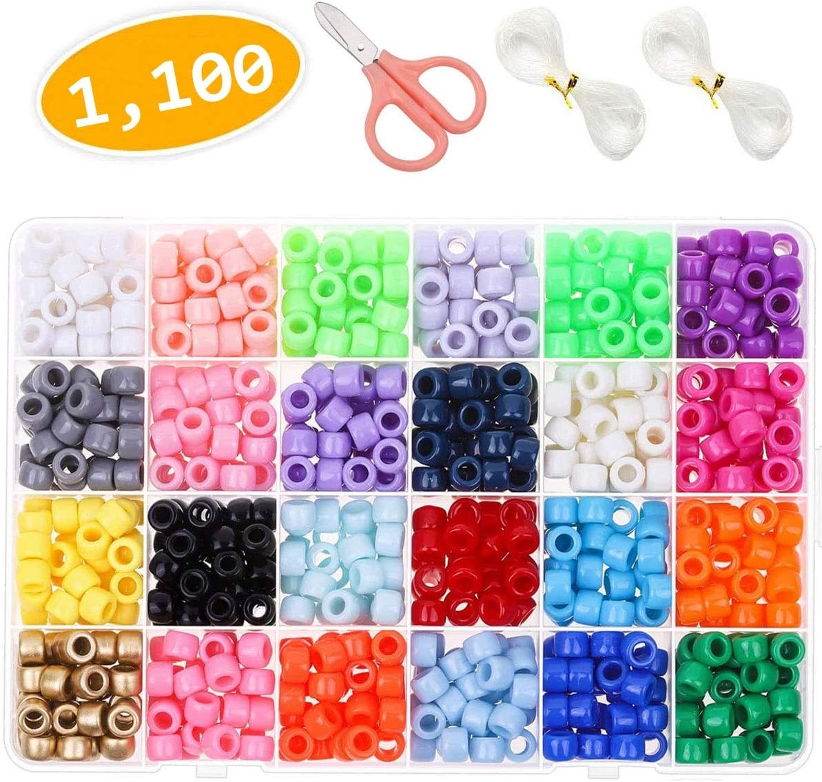 Amaoz 1100pcs Pony Beads,24 Multicolor Assortment,Craft Seed Beads Pastel Pony Beads Assorted Kit with Organizer for Jewelry Making,Beading,Crafing (9mm/24 Colors/1100 Beads)