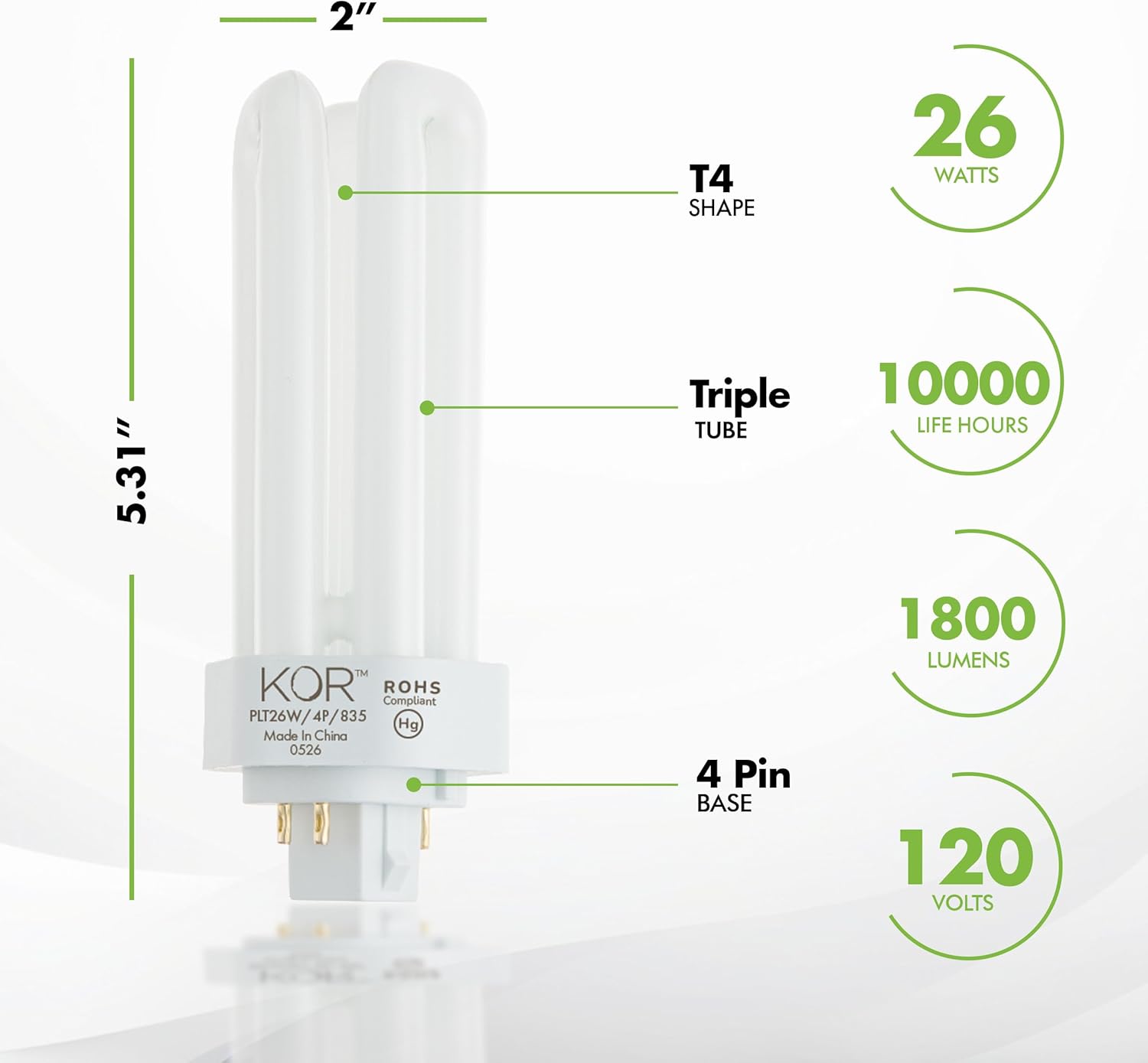 KOR (Pack of 4 26 Watt Triple Tube - GX24Q-3 (4 Pin) Base -3500K White - CFL Light Bulb - Philips 268243 PL-T 26W/35/4P/ALTO - GE 97616 F26TBX/835/A/ECO