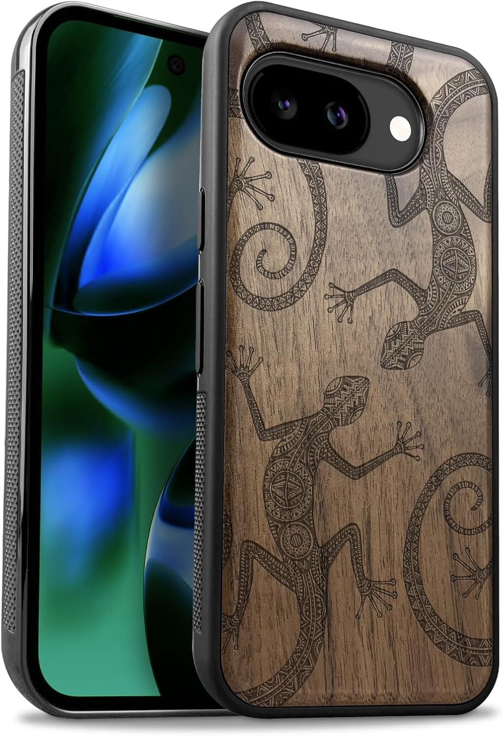 Carveit Magnetic Wooden Case for Google Pixel 10a Case, Wood Artisan Engraved & Soft TPU Shockproof Cover, Compatible with MagSafe Wireless Chargers (Tribal Gecko Pattern Illustration) Walnut