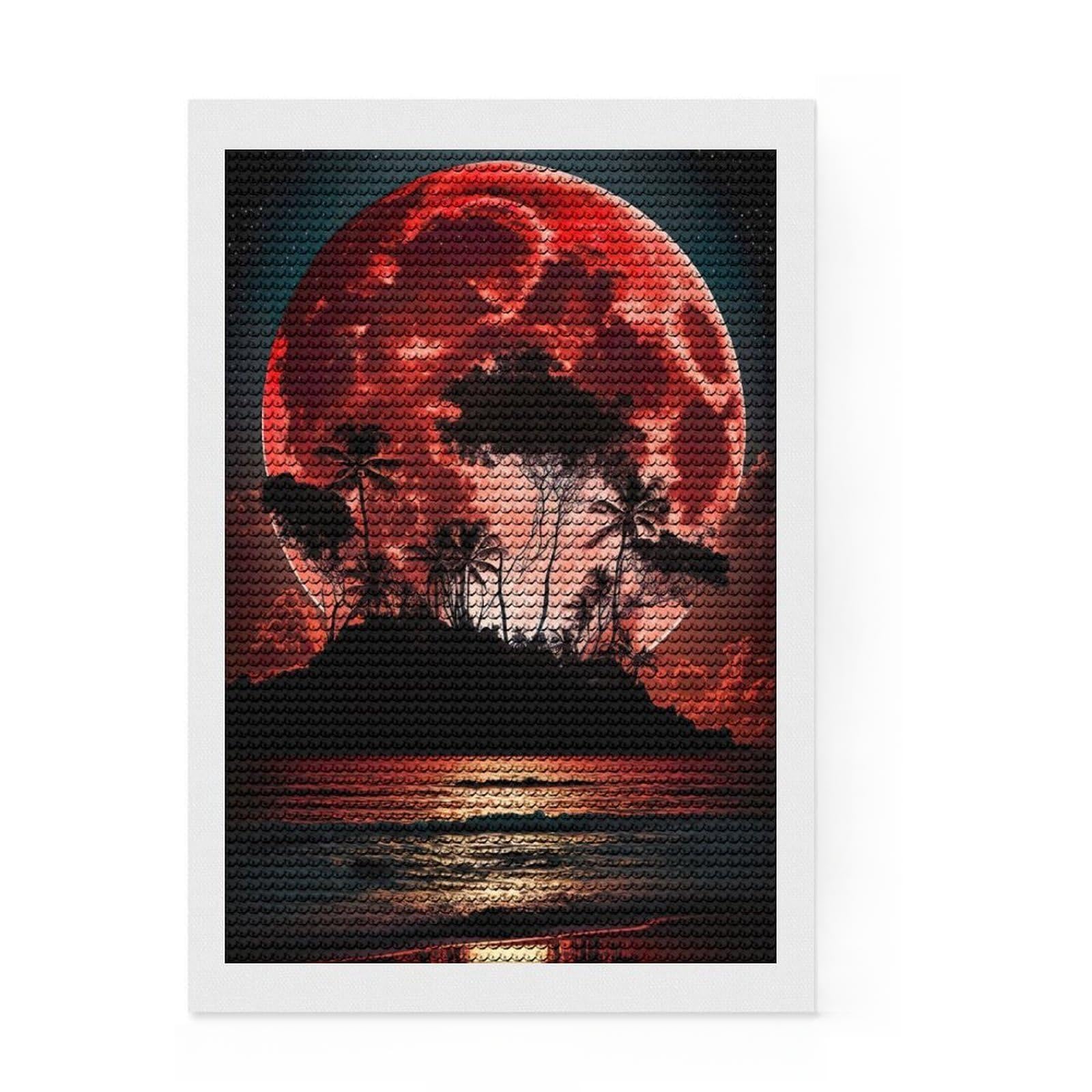 Junmoney Blood Moon Tropical Island Full Drill Diamond Painting Kit 8"x12", Satisfying Creative Project, Finish and Display, Stress Relief Craft