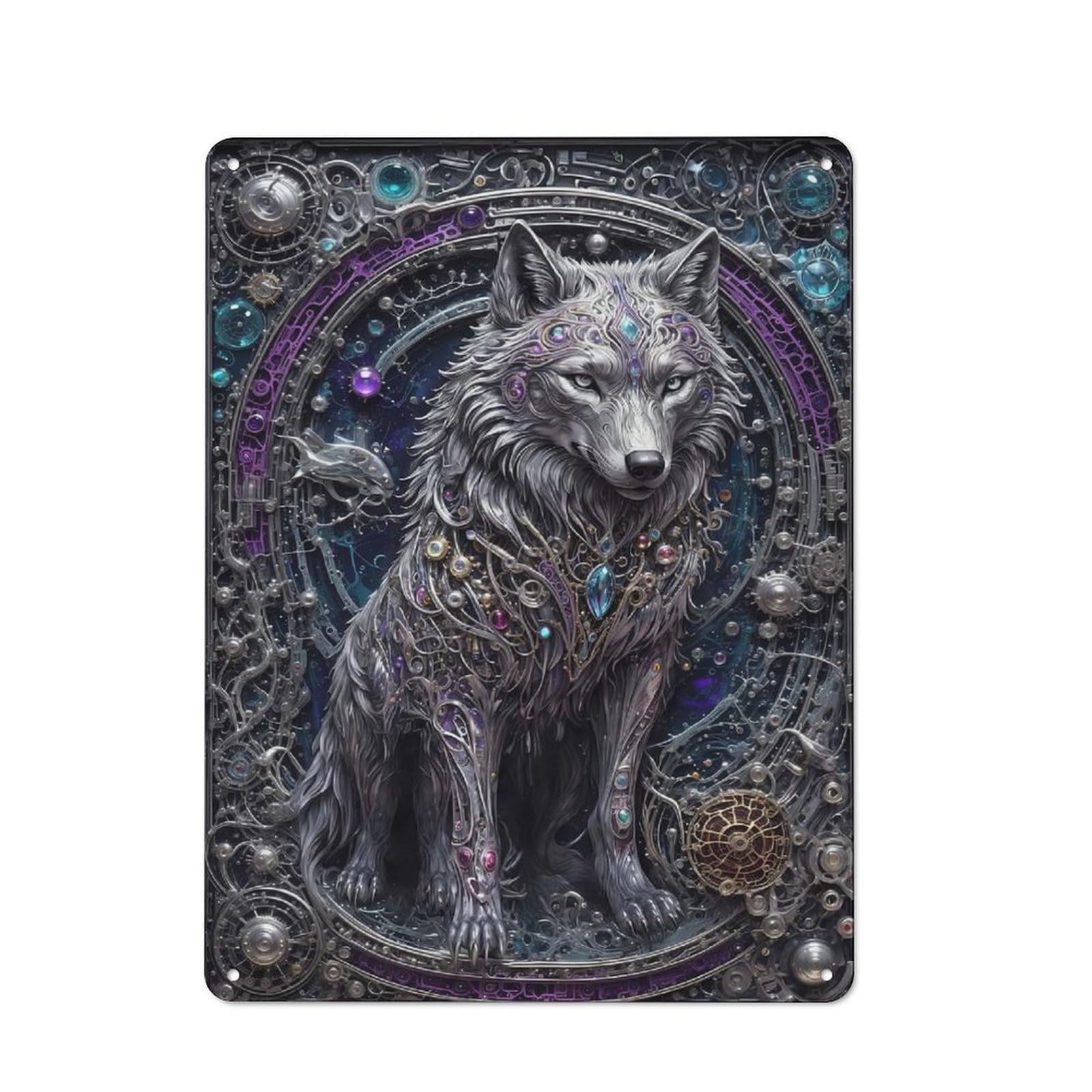 Metal Plaque with Steampunk White Wolf Design 40x30cm, Country Style Cafe Wall Decor for Bakery, Diner, Cafe Or Family Room