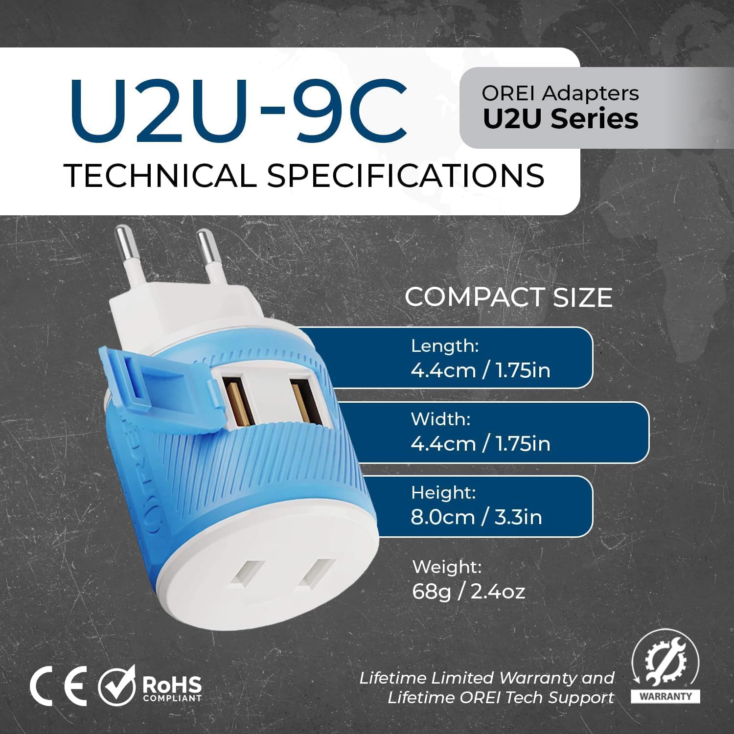 OREI European Travel Plug Adapter with Dual USB - for Most of Europe - Type C (U2U-9C), Will Work with Cell Phones, Camera, Laptop, Tablets, iPad, iPhone and More