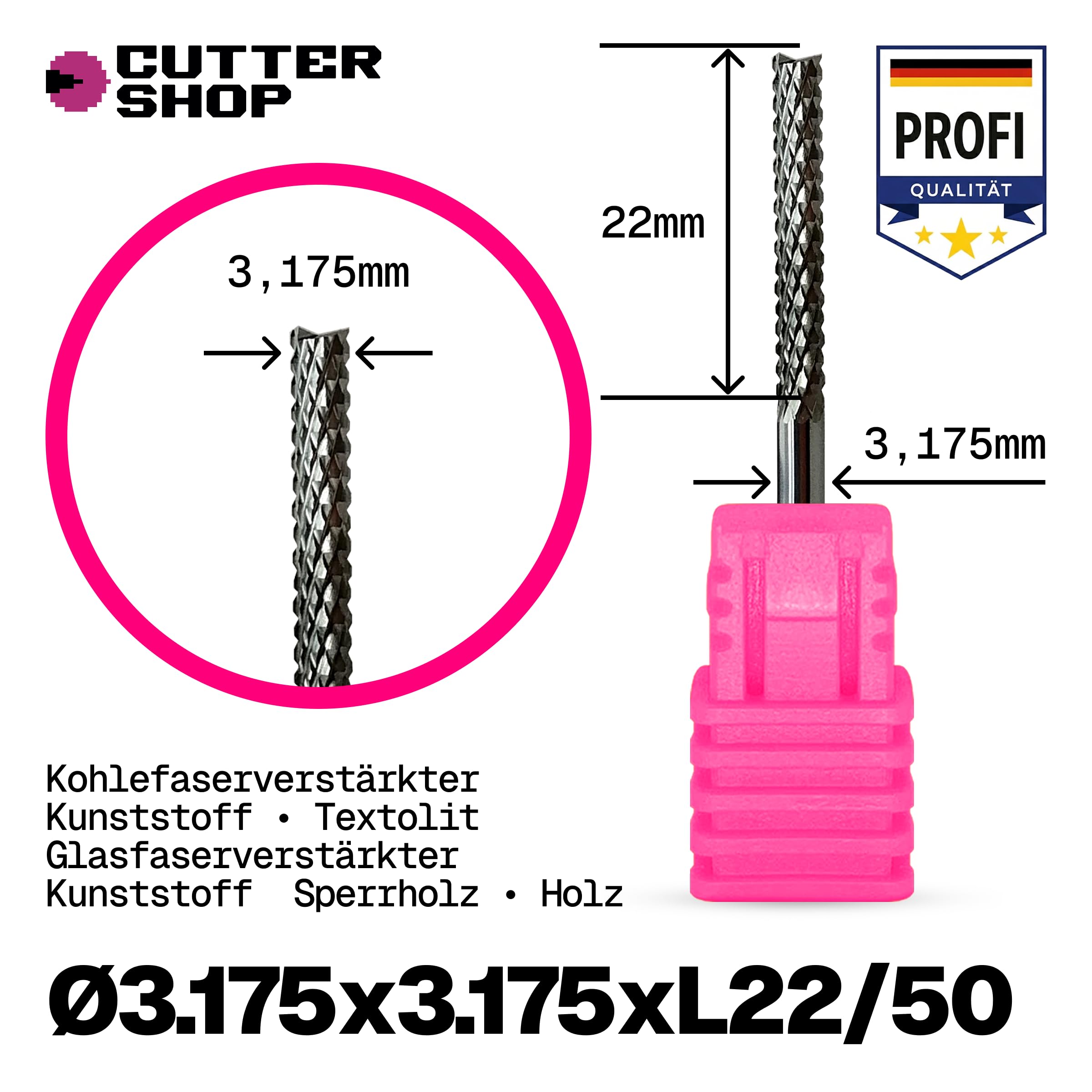 CNC Schruppfräser für harte Verbundwerkstoffe – Hartmetall, mehrschneidig, ausrissarm | CC-Serie – D3.175x3.175xL22/50
