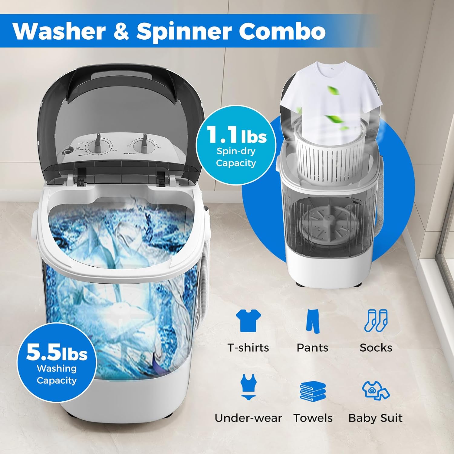 COSTWAY Mini Portable Washing Machine, 5.5 lbs Capacity, Compact Laundry Washer with Spin Tub & Drain Hose, Perfect for Apartment Dorms RV Home (Grey)