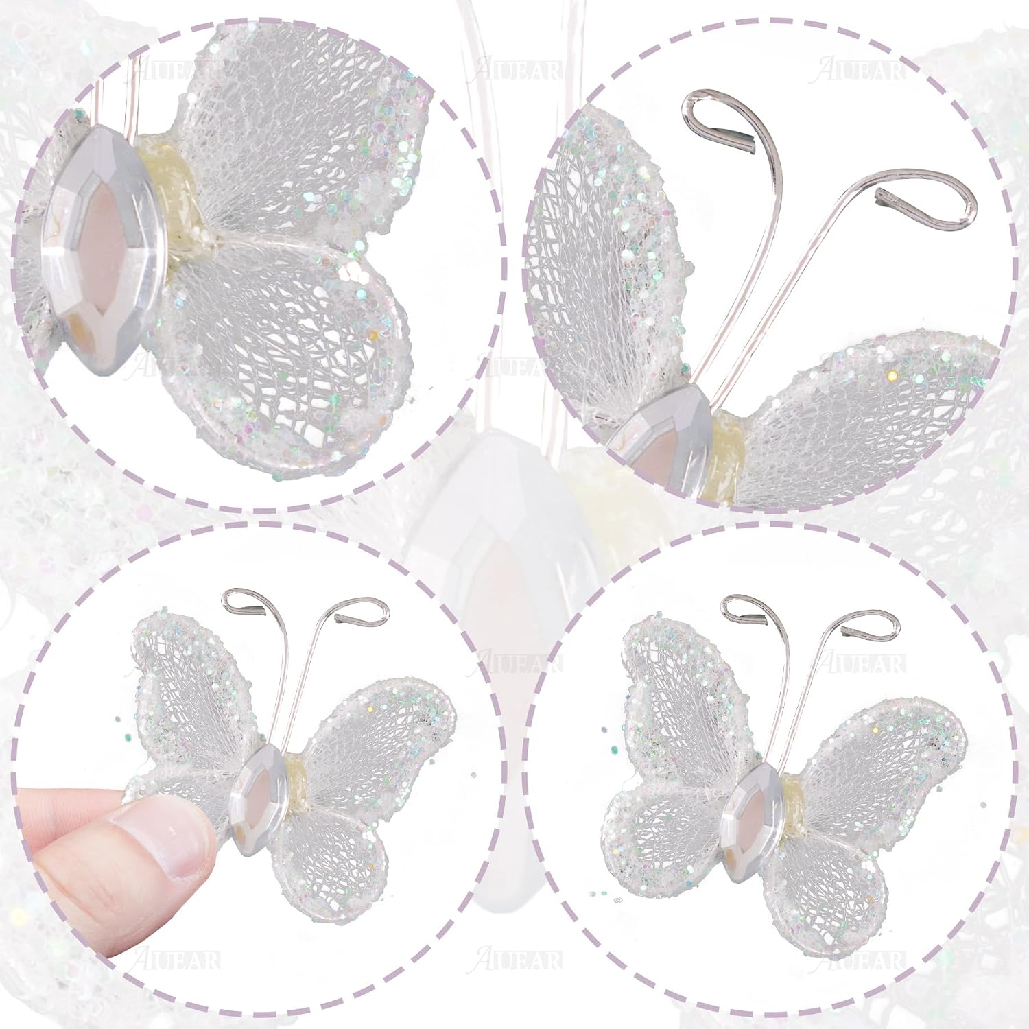 AUEAR, 100 Pack Sheer Mesh Wire Glitter Butterfly Decoration with Gem for Wedding Home Party Wall Decorations (White) image 3