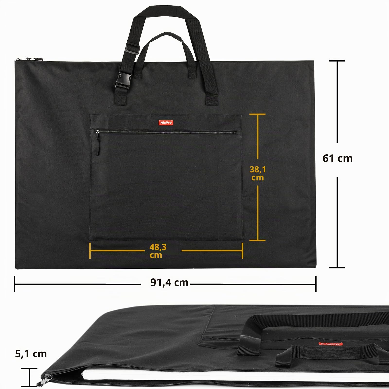 Nicpro Grande formato Art Portfolio Tote 65 x 95 cm Nero, Impermeabile Nylon Morbido Artista Storage Case per Poster Sketching, Disegno, Opere D'arte