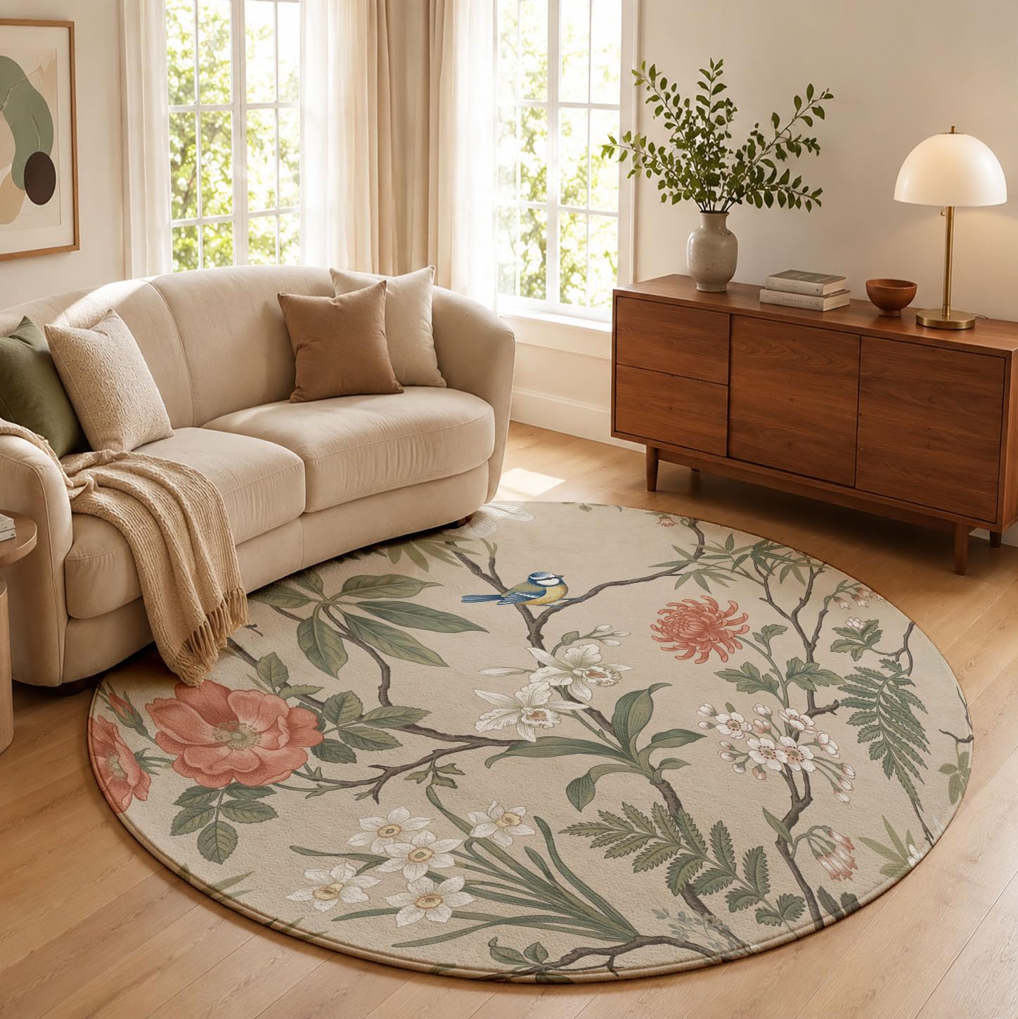 Tappeto Rotondo Salotto Stile Britannico Retrò 180 cm | Fiori Rami Uccelli, Camera da Letto Antiscivolo Lavabile, Tappeti Sala Cameretta Ufficio, Carpet Pelo Corto Morbido