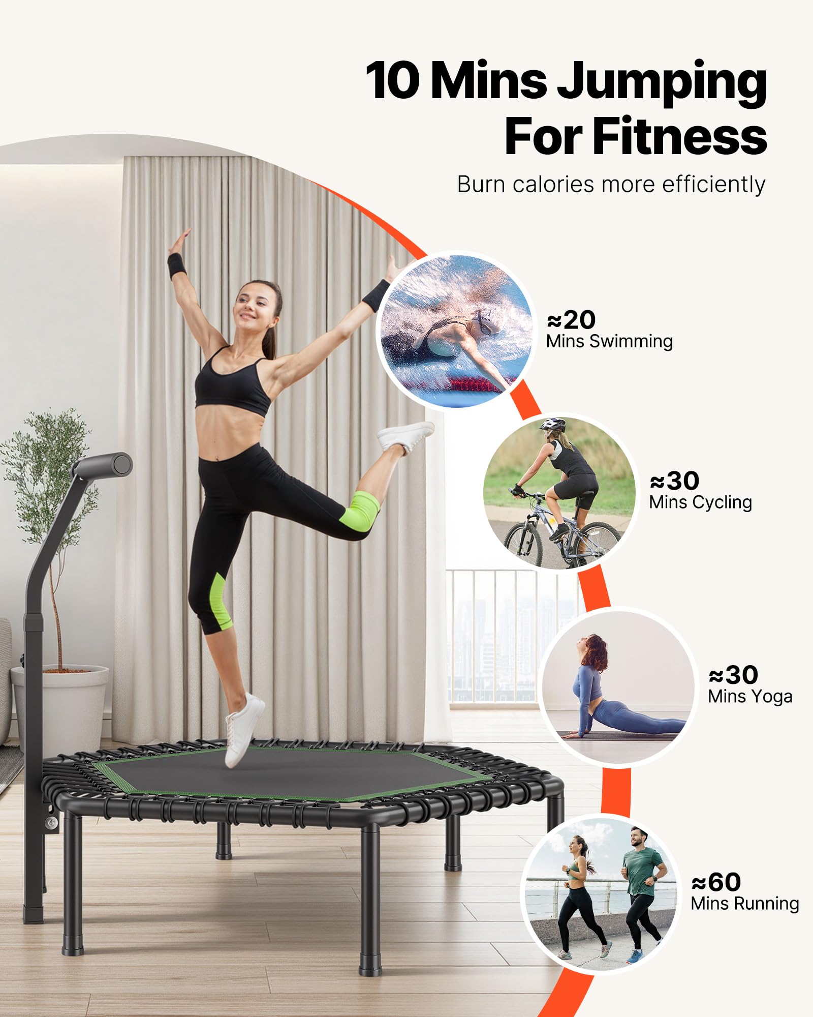 VEVOR Mini Trampolino per Fitness Esercizi da Interno 1385 mm, Trampolino Elastico Carico max 205 kg Altezza Regolabile a 3 Livelli con Maniglia in Schiuma per Esercizi Allenamento Salto per Adulti