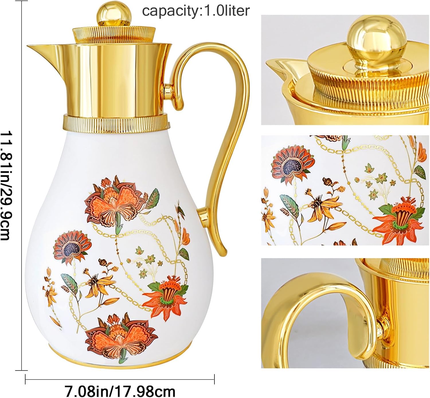 Insulated Thermal Coffee Carafe, 33 oz, Arabic-Style Coffee Pot,Insulated Carafe Flask for Coffee Hot Cold Drink Tea,Housewarming Ornaments (White)