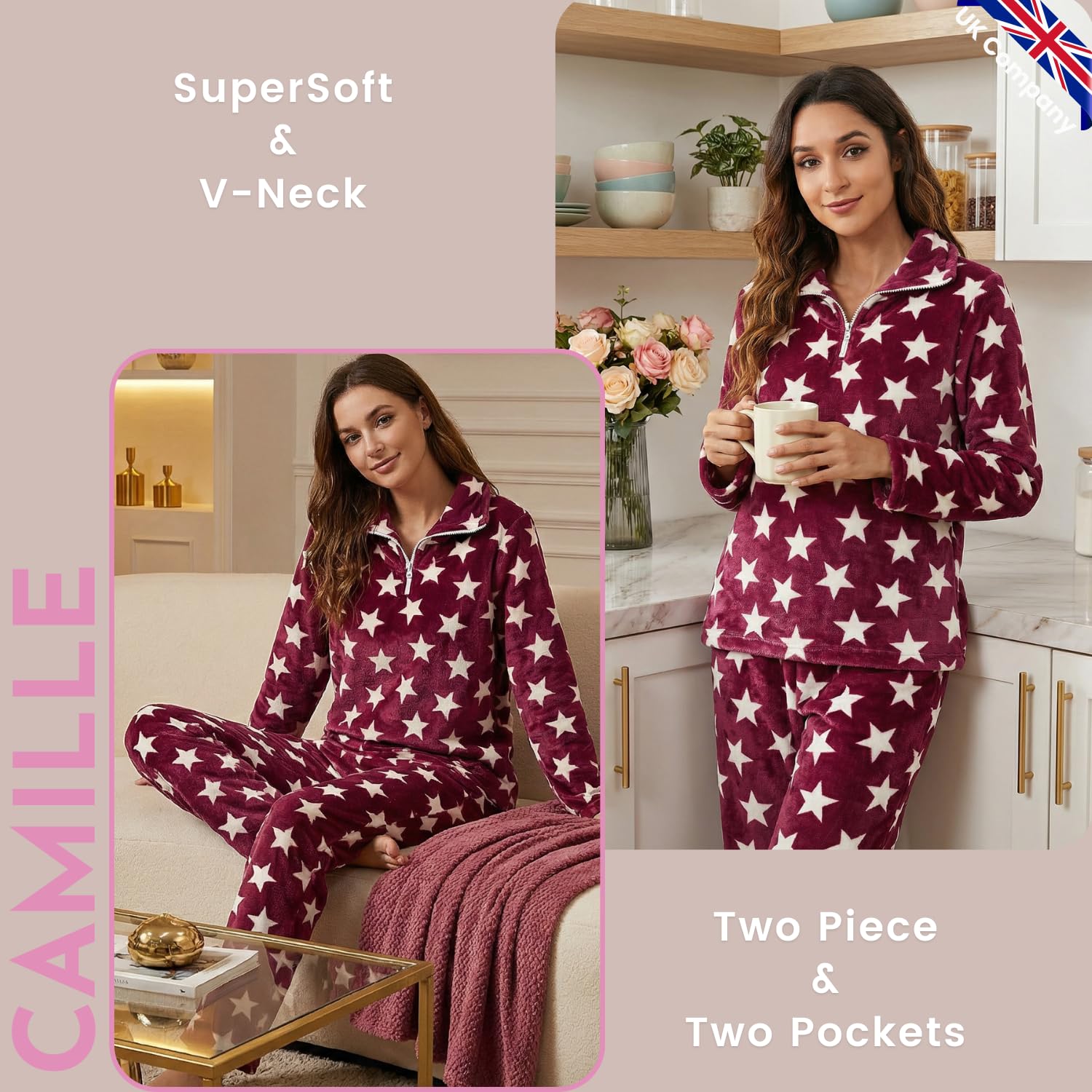 Camille Conjunto de Pijama de 2 Piezas súper Suave para Mujer, Conjunto de Pijama de Forro Polar Grueso con Estampado de Estrellas Blancas, Manga Larga y Cintura elástica para máxima Comodidad y