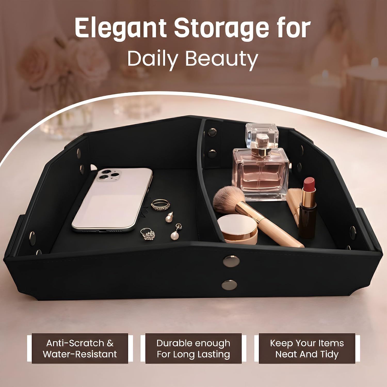 Valet Tray Organizer for Men & Women - PU Leather Catch All Tray with Removable Divider - EDC Storage for Keys, Watch, Phone - Nightstand, Dresser & Desk Organizer - Obsidian Black