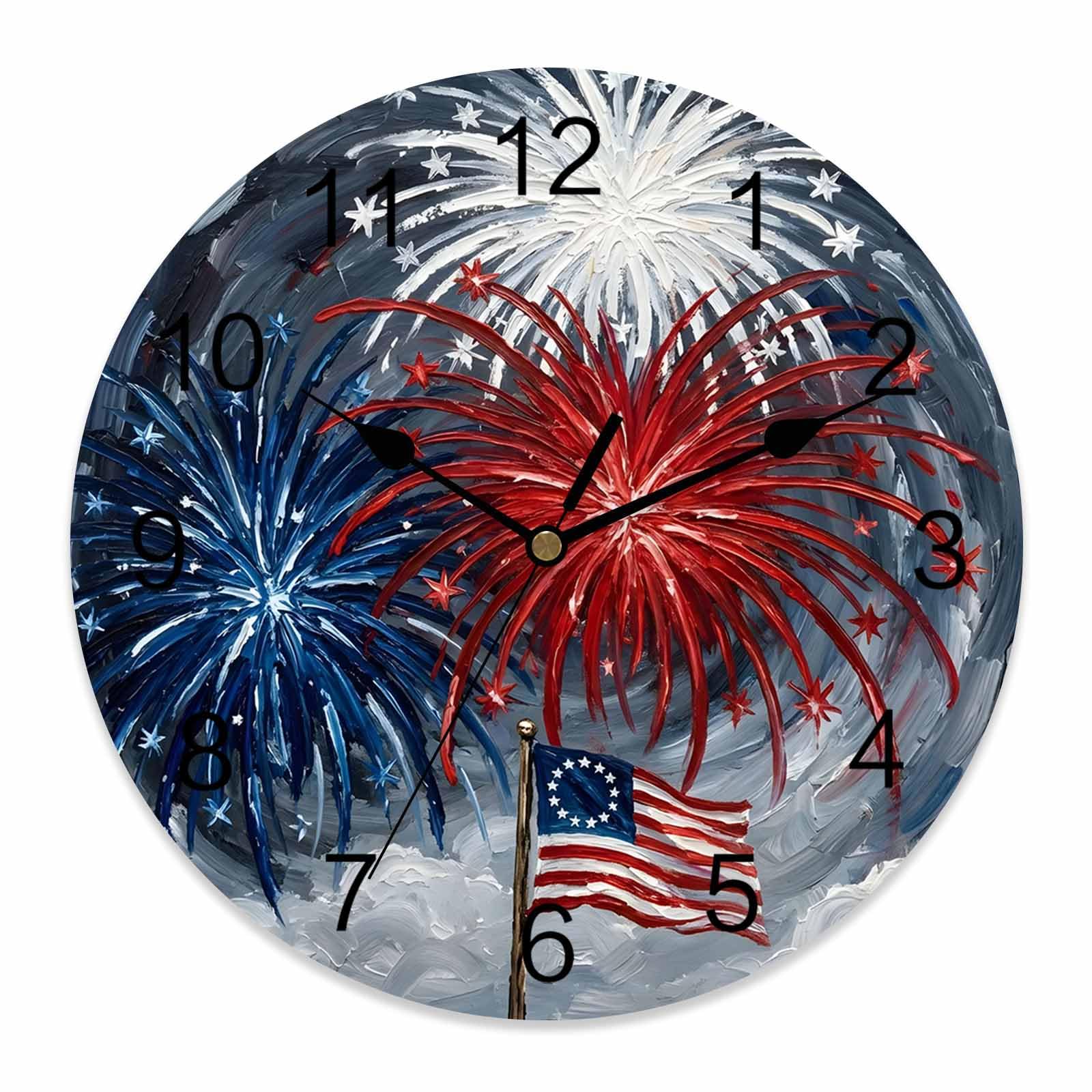 Ensound 4th of July Wall Clock Red White Blue Fireworks Clocks Wooden Silent Non-Ticking Battery Operated Decorative Patriotic Betsy Ross Flag Round Clock for Home Living Room Kitchen Bedroom 12 Inch