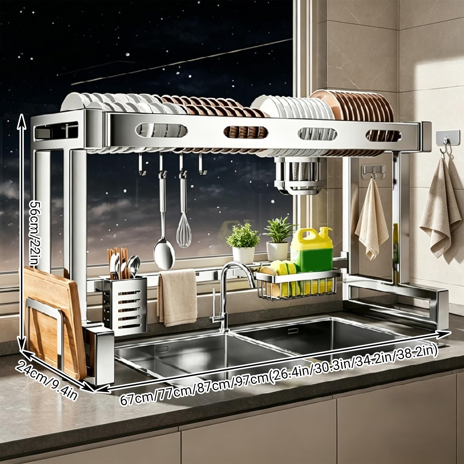 Escurridor de platos sobre fregadero, acero inoxidable con soporte extraíble para cubiertos, ahorro de espacio, almacenamiento de vajilla de cocina de doble capa para platos, vasos, cuencos