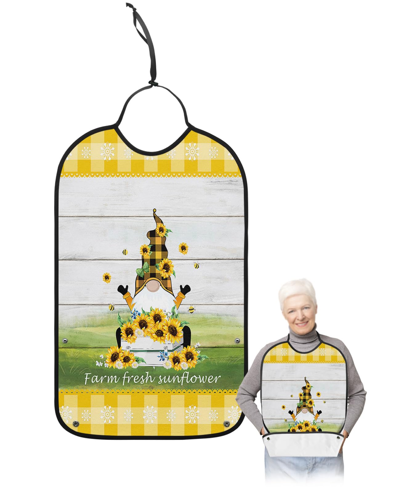 Sunflower Gnomes Adult Bibs for Eating, Waterproof Bibs with Food Catcher & Adjustable Snap Closure, Yellow Plaid Farmhouse Summer Bee Washable Clothing Protectors Adult Bibs for Elderly Women/Men