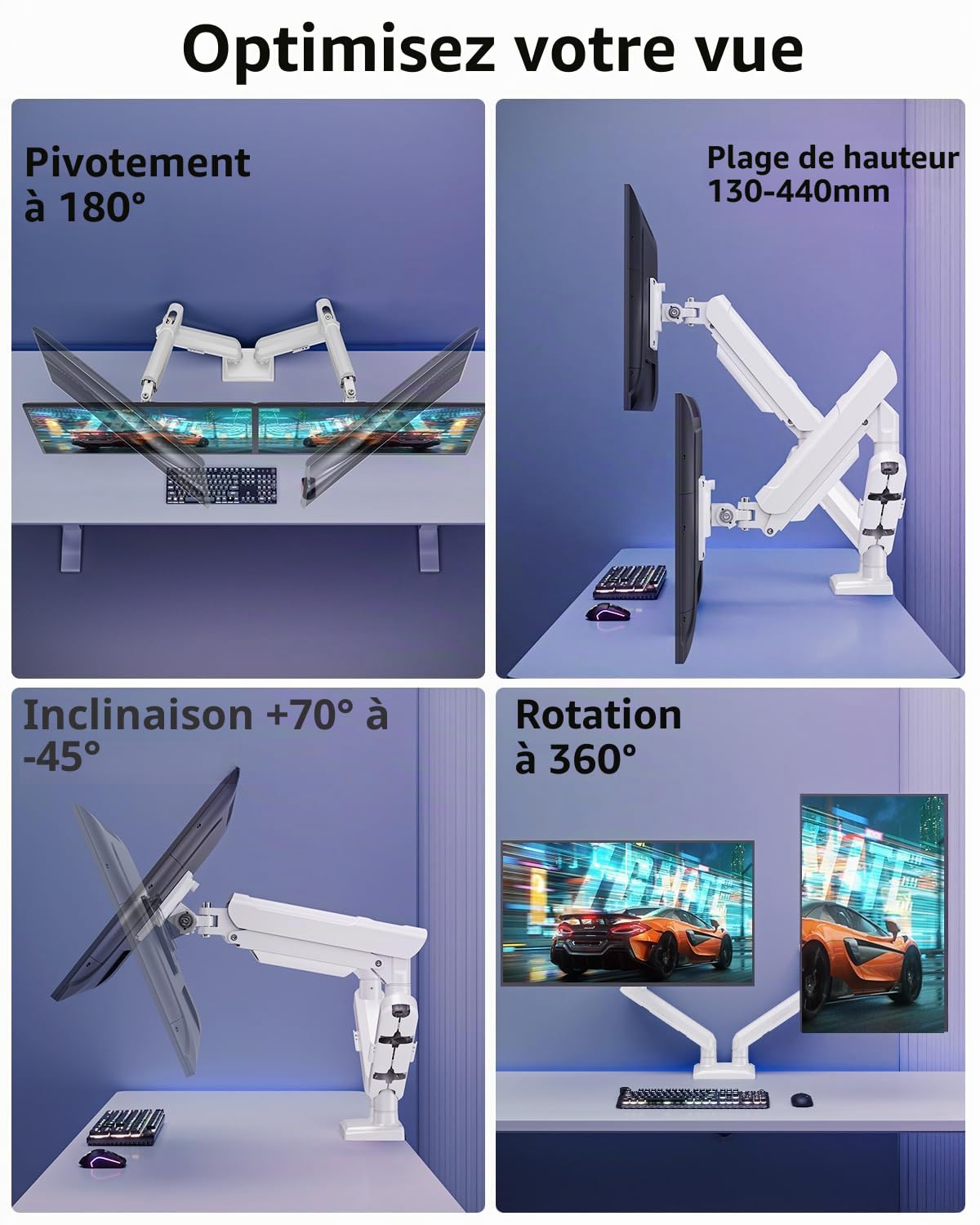 ELIVED Support pour moniteur 2 écrans pour écrans de 13-32", Support écran 2 moniteurs supporte 2-9 kg moniteur avec VESA 75/100mm, Bras de moniteur à gaz inclinable, pivotant, rotatif, blanc, EV6012W