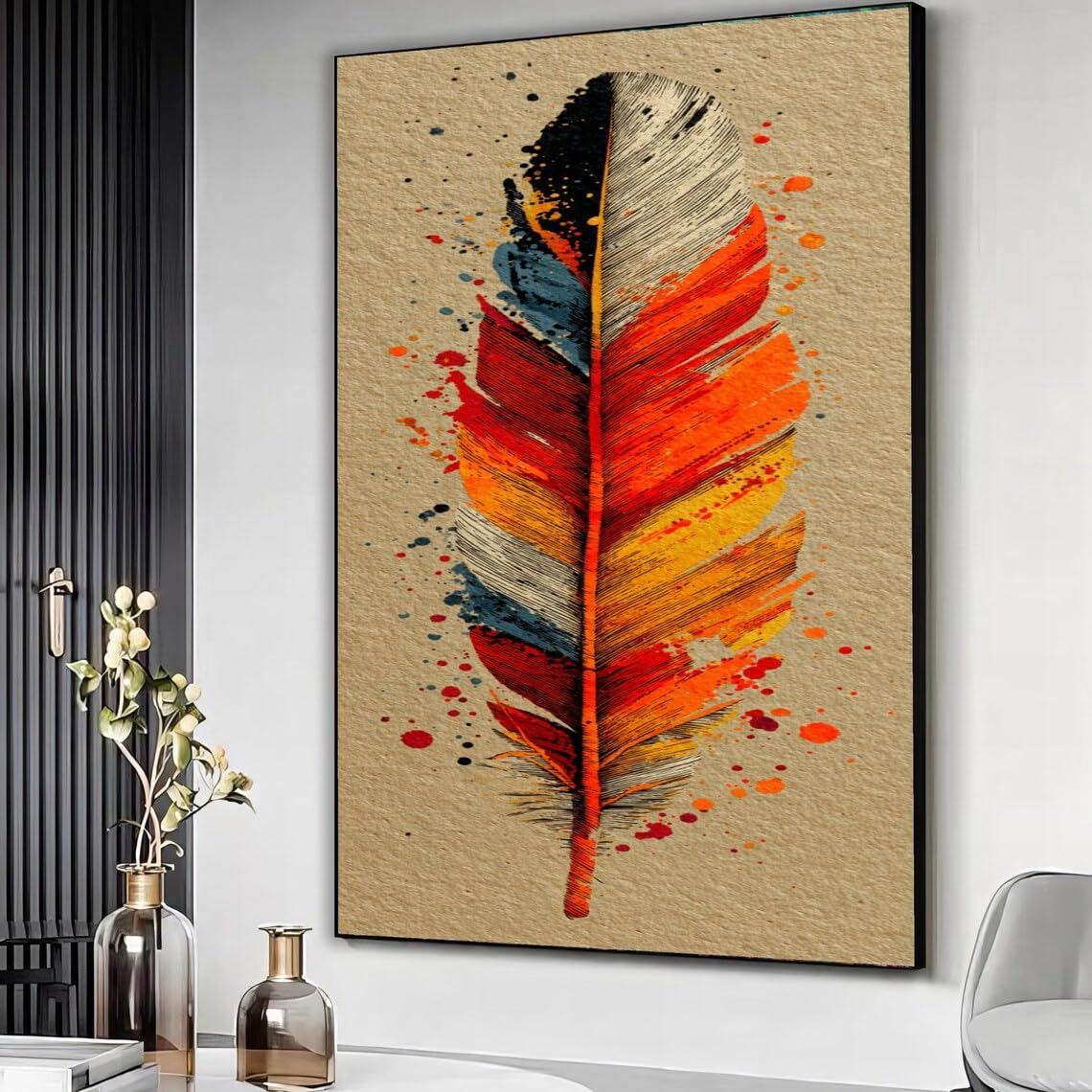 XBTYKPB Colorful Feather Canvas Wall Art, Abstract Boho Feather Design, Nature-Inspired Canvas,Home Decor,Ready to Hang Painting(60x80cm/Frameless)