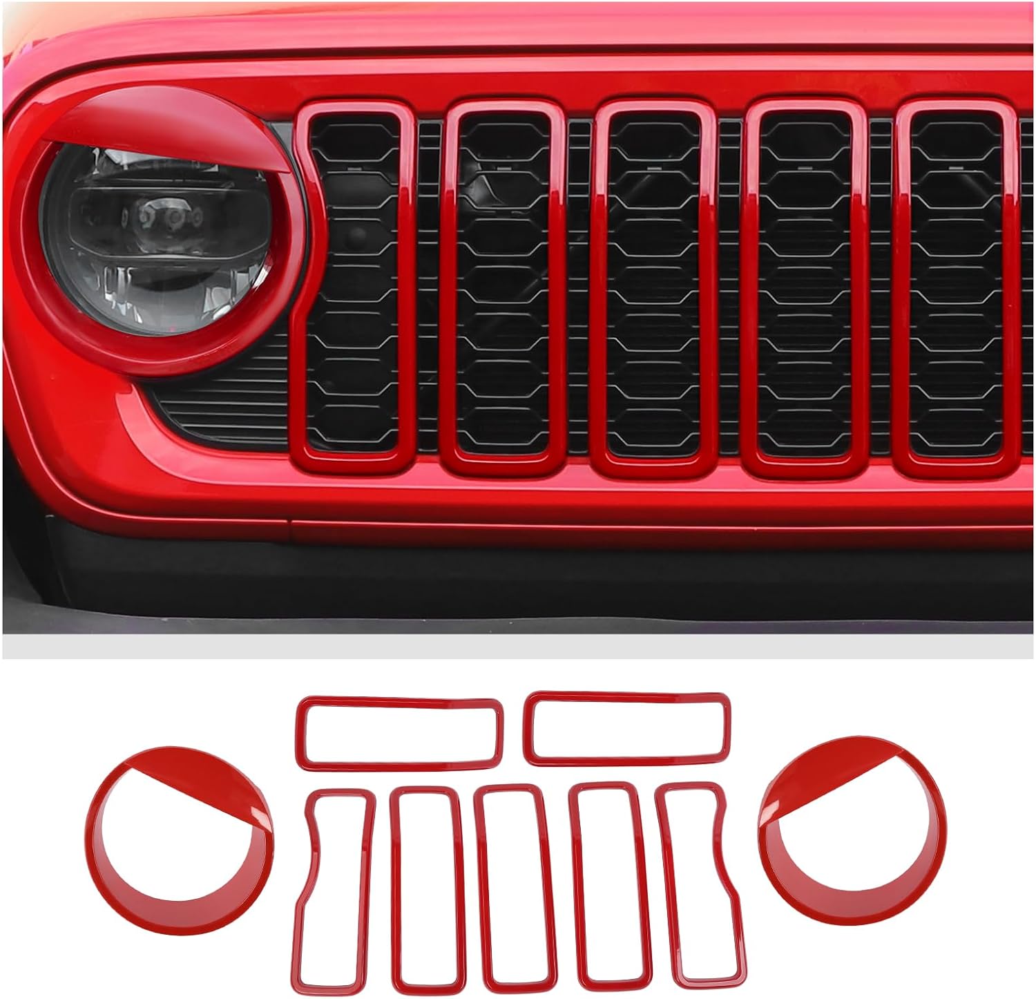 Front Grill Inserts Front Headlight Cover Kit fit for Jeep Wrangler JL JLU Gladiator JT 2024+ Exterior Accessories,Red