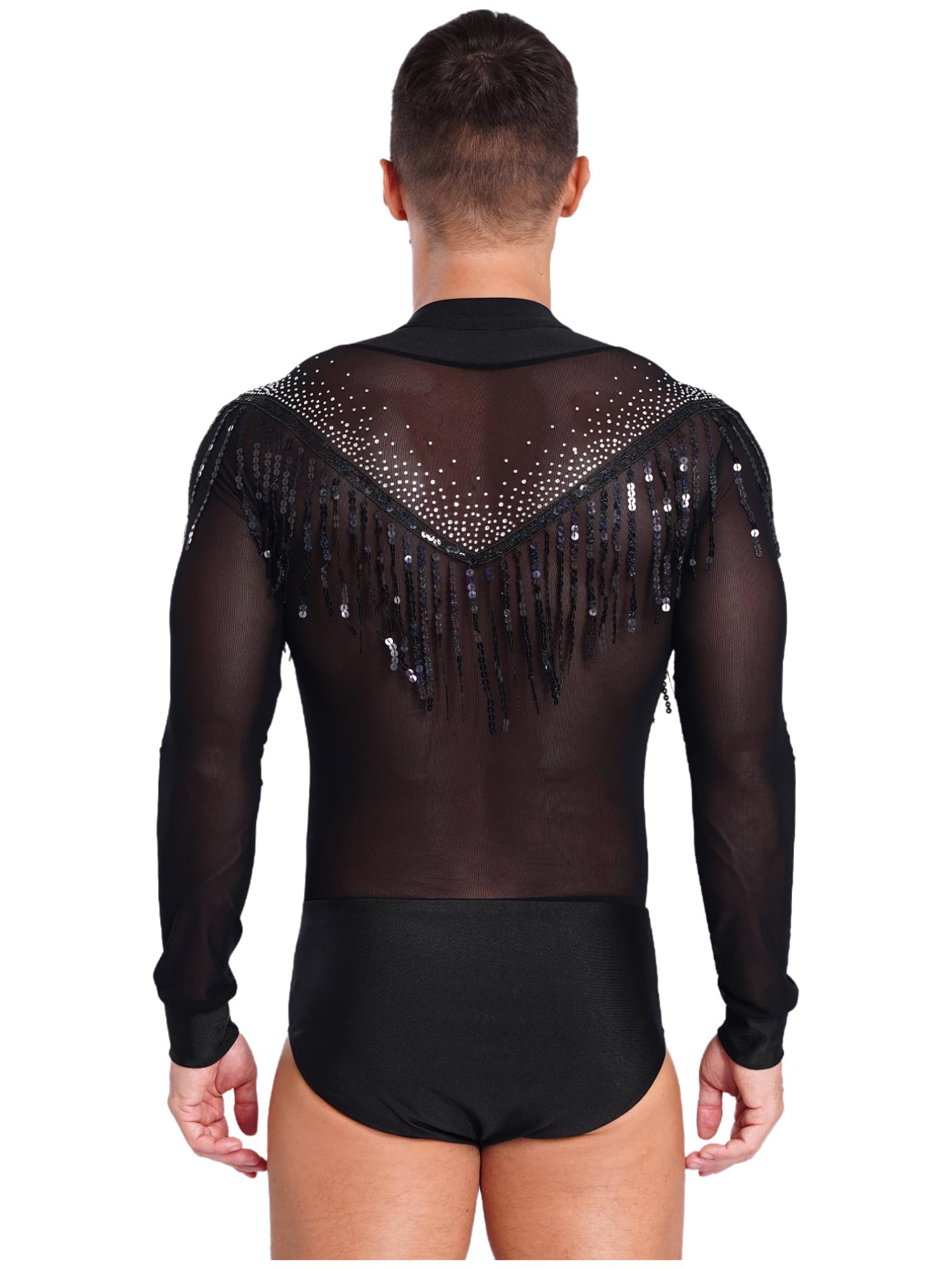 MSemis Maillot Baile Latino para Hombres Body Manga Larga de Gimnasia Rítmica Patinaje con Cuello en V y Diamantes Brillantes Mono de Danza Jazz Tango Salón