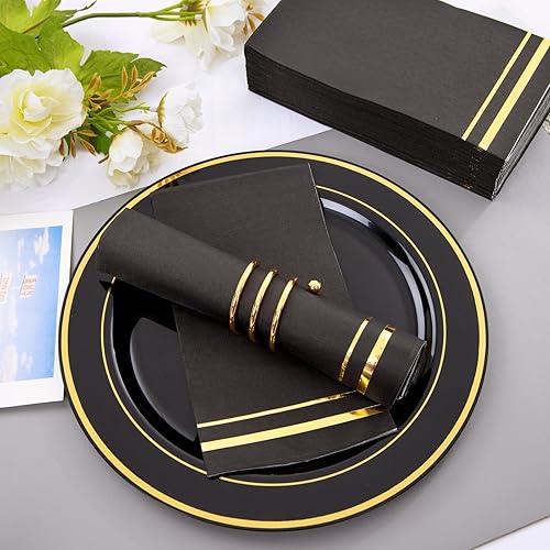 Miniatura 6 de bUCLA 100 unidades de servilletas de 3 capas negras y doradas - Servilletas de papel negro para cena desechables de calidad premium, desechables