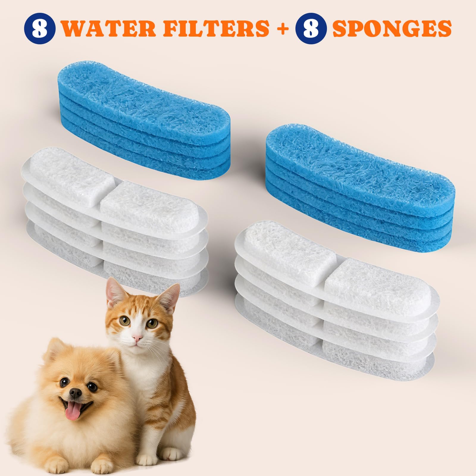 Pawtners Ersatzfilter für Pumpless-Katzen-Wasserbrunnen STR-PT-108A, mehrschichtige Filtration für Katzen-/Hundebrunnen, komplettes Set mit 8 Filtern und 8 Schwämmen, 8 Stück