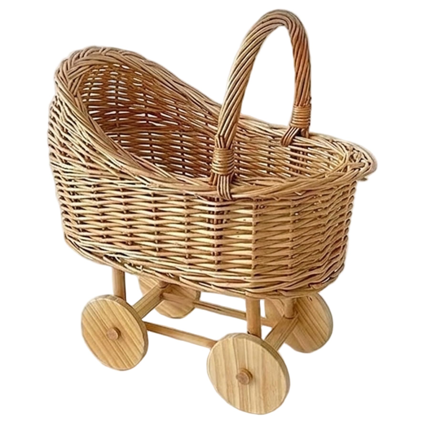 Wilafury Khaki Wicker Baby Carriage, Handwoven Easter Basket Pushcart, Vintage Wicker Carriage Planter With Handle For Floral Arrangements, Shower & Home Storage