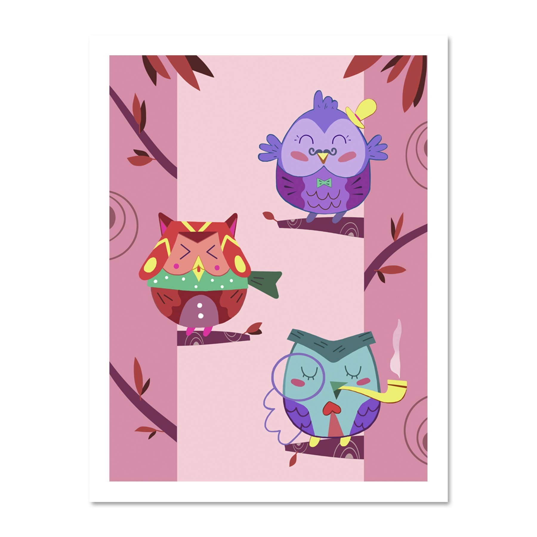 Wee Blue Coo Kawaii Owls Tree Large Framed Art Print Wall Poster 18x24 inch