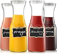 NETANY 4 Pack Glass Carafe with Lid - 1L Clear Pitcher Set for Mimosa Bar, Brunch, Juice, Iced Tea, Lemonade - Thick Glass, Fridge Safe