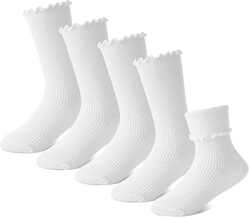 BISOUSOX Girls Socks 6-8 Years Old White Ruffle Cute Ankle Crew Frilly Ruffled Kids School Dress Socks for Girls 8-10 12
