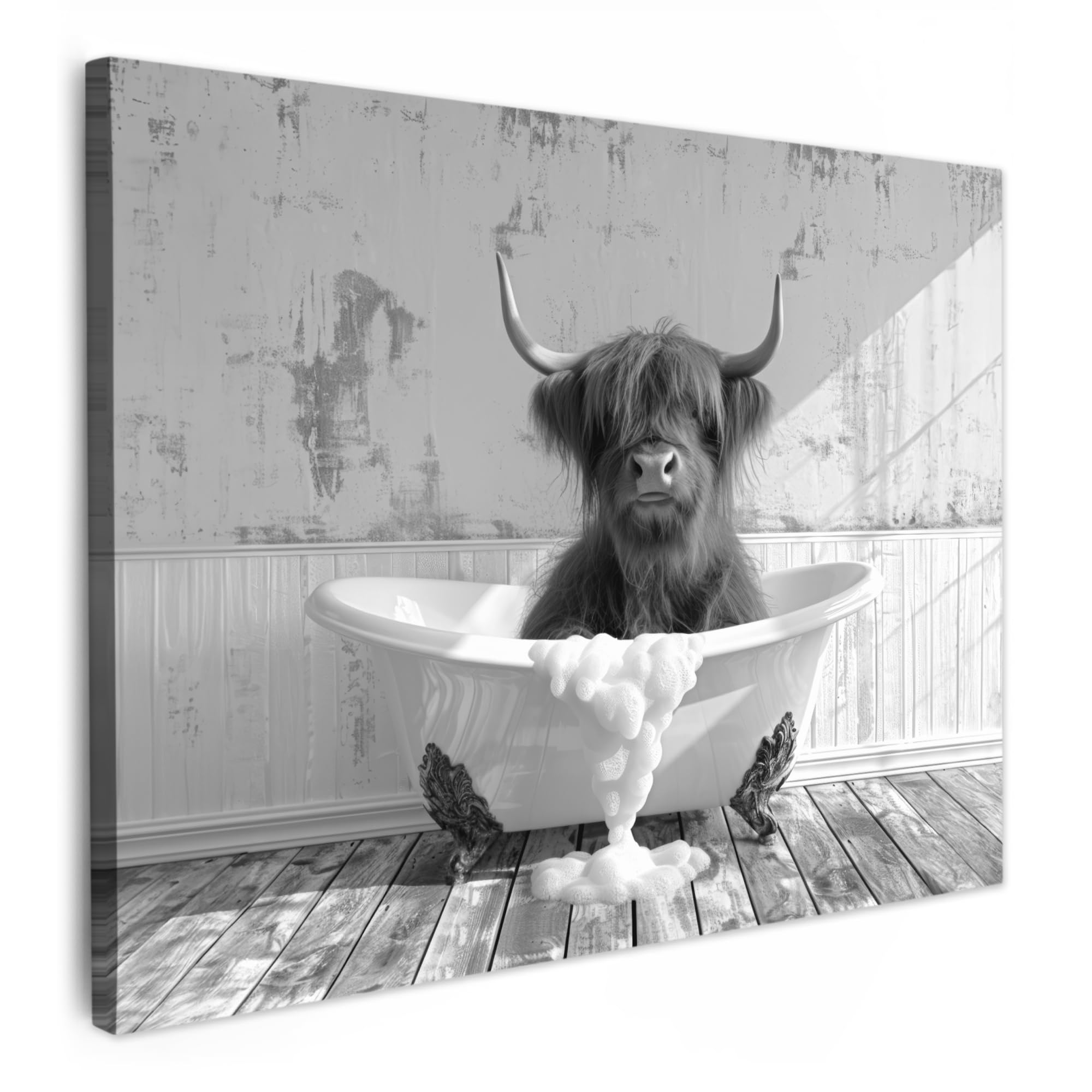 MuchoWow© Canvas Wall Art Work 70x50 cm Room Decor Painting Wallfillers Picture Decoration Prints Scottish Highlander - Cow - Vintage - Bathtub - Black and white