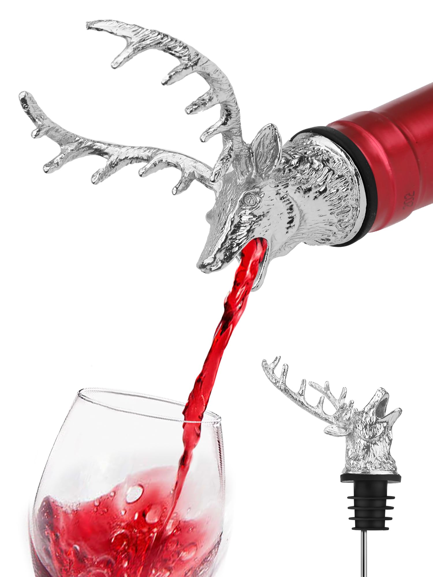 Deer Head Wine Pourer, Liquor Bottle Pour Spout with Leak-Proof Rubber Stopper, Zinc Alloy Metal, Universal Fit for Wine Whiskey Bourbon Olive Oil – Drip-Free Bar Pourer Gift for Men, Parties Holidays