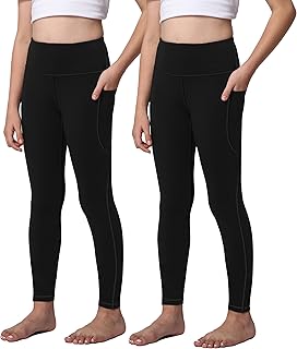 AENLLEY Yoga Active Leggings for Girls with 2 Pockets - Kids Workout Yoga Pants for Athletic (Pack of 2