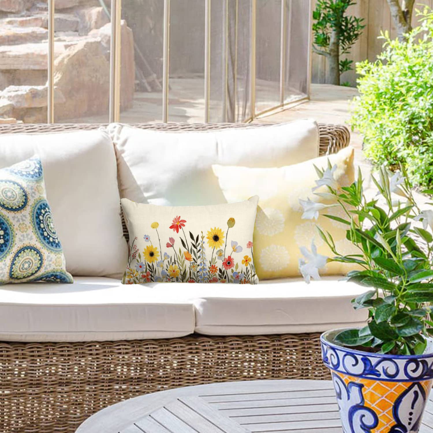 Eulen Kissenbezüge Landhausstil - 2er Set 50x50cm Mit Mohnblumen Motiv