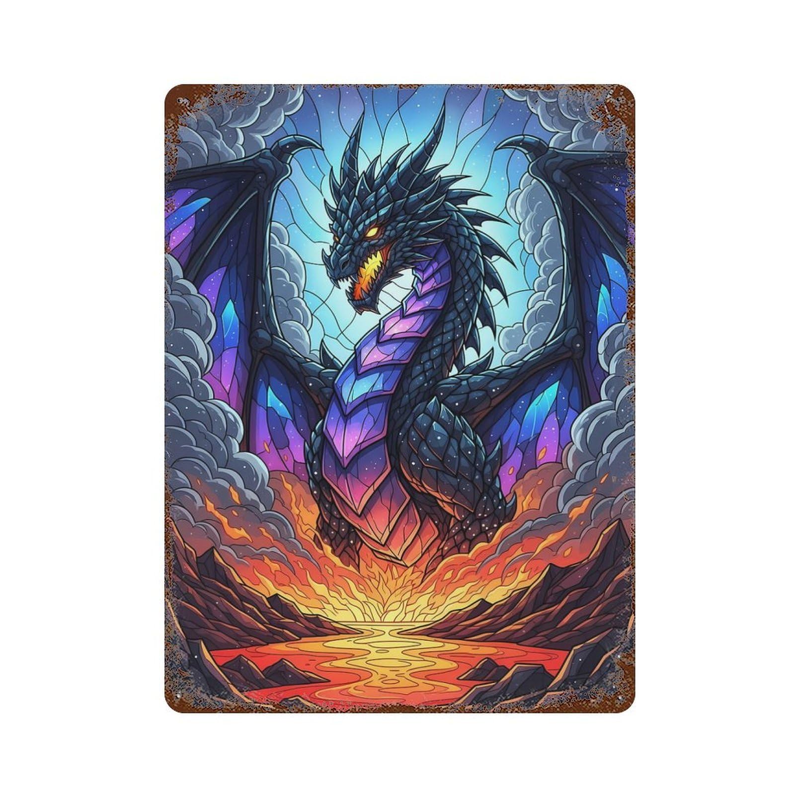 Majestic Dragon in Fiery Landscape Vintage Wall Sign 15.7"x11.8", Rust Effect Metal Decor for Bistro, Counter And Cafe Decor