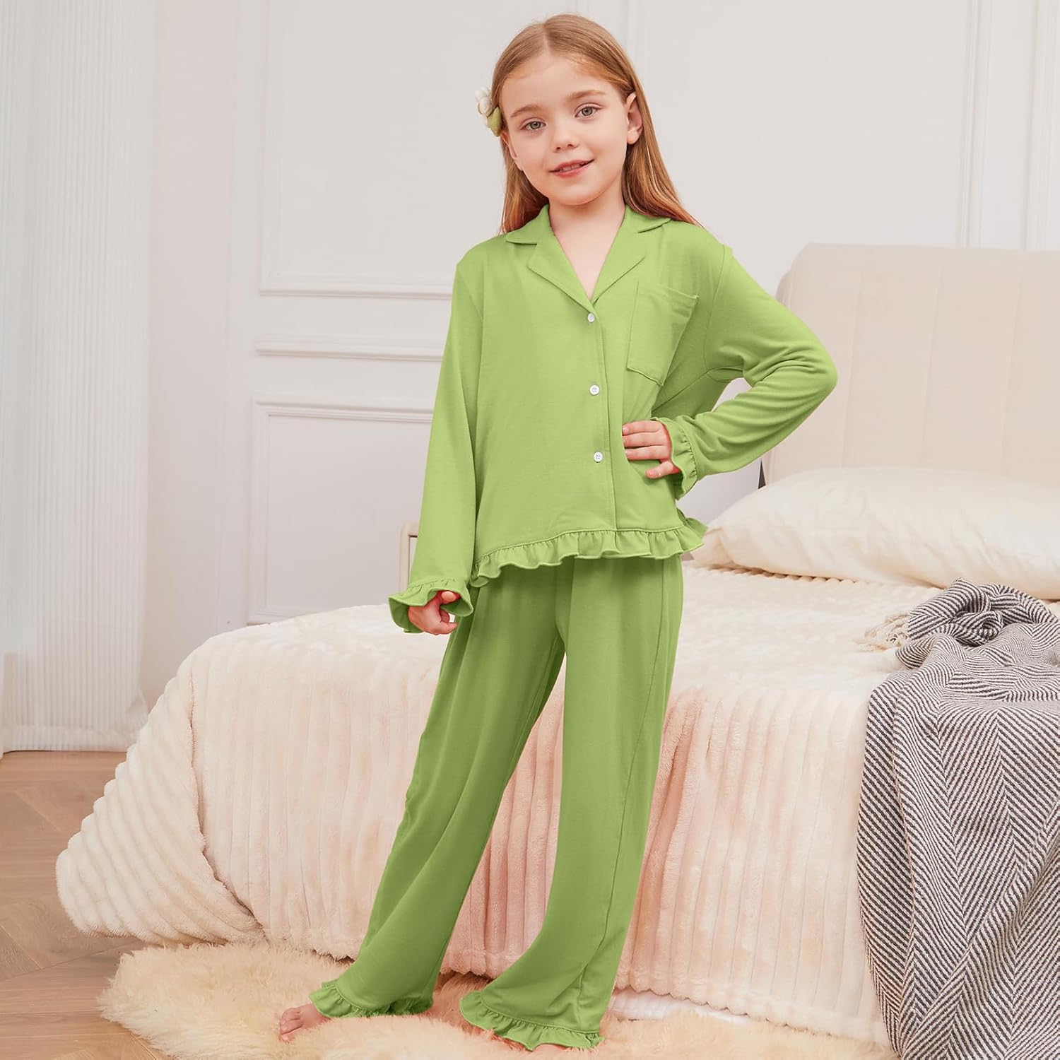 QPANCY Girls Pajamas Sets Ruffle Long Sleeve Button Down Sleepwear Loungewear kids 2 Piece Pjs Set - Image 2