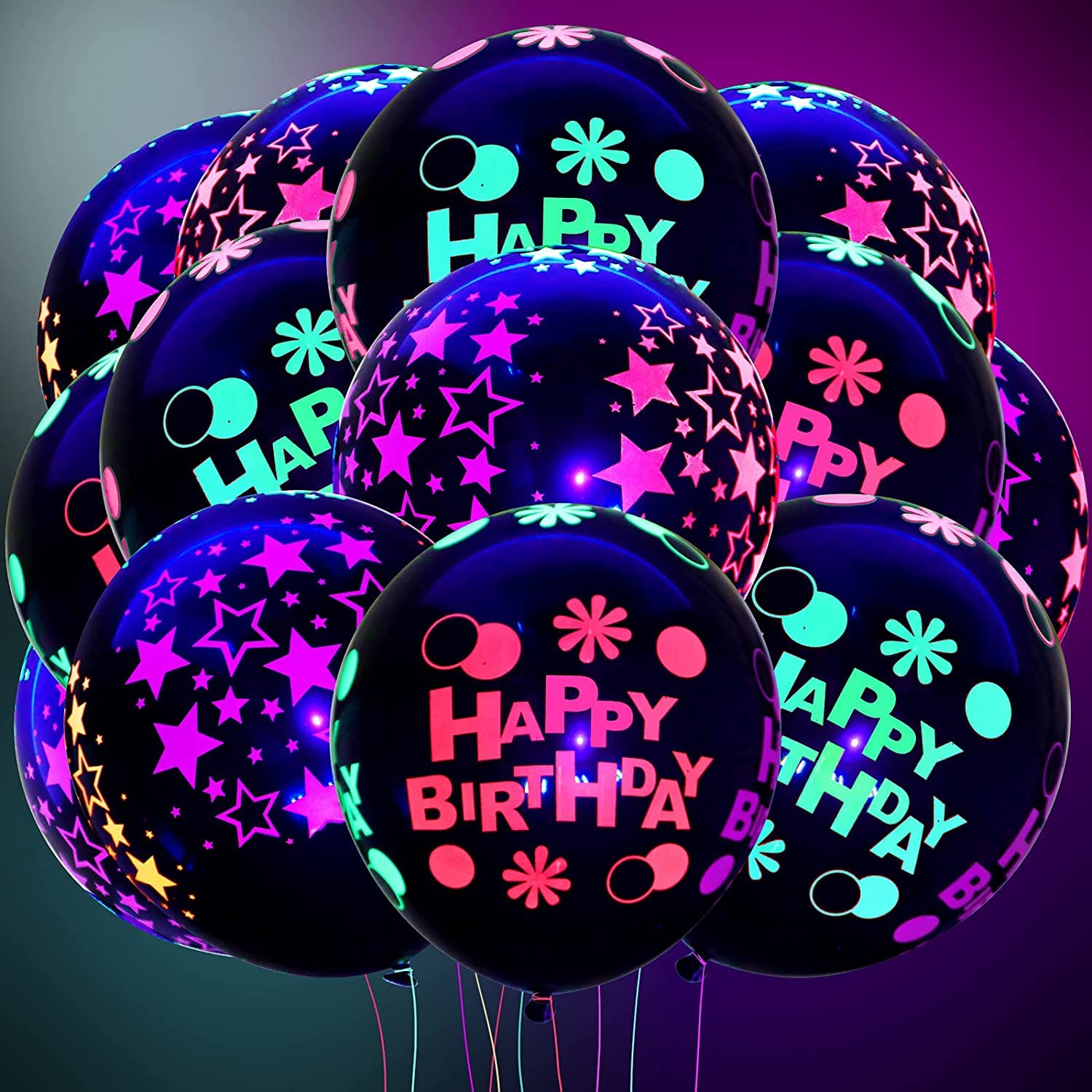 ELECDON Neon Glow Balloons Blacklight Reactive Fluorescent Mini Star Balloons and Happy Birthday Blacklight Balloons UV Blacklight Latex Balloons for Birthday Wedding Arch Party 60 Pieces 12 Inch