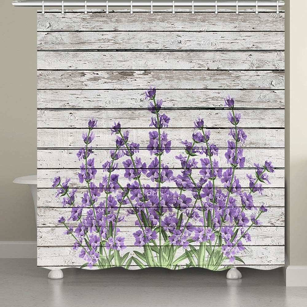 JAWO Flower Shower Curtain for Bathroom,Retro Style Purple Flowers on Vintage Wood Background Rustic Bathroom Accessories Fabric Bathroom Curtain with Shower Curtain Hooks, 69X75